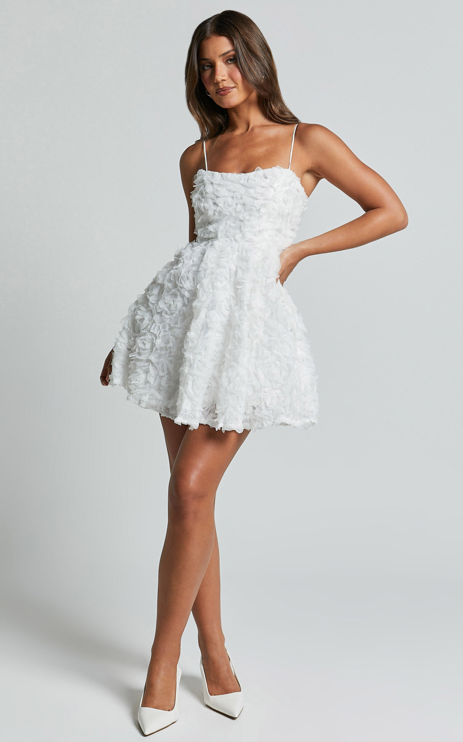 Alvia Mini Dress - 3d Flower Full Skirt Dress in White