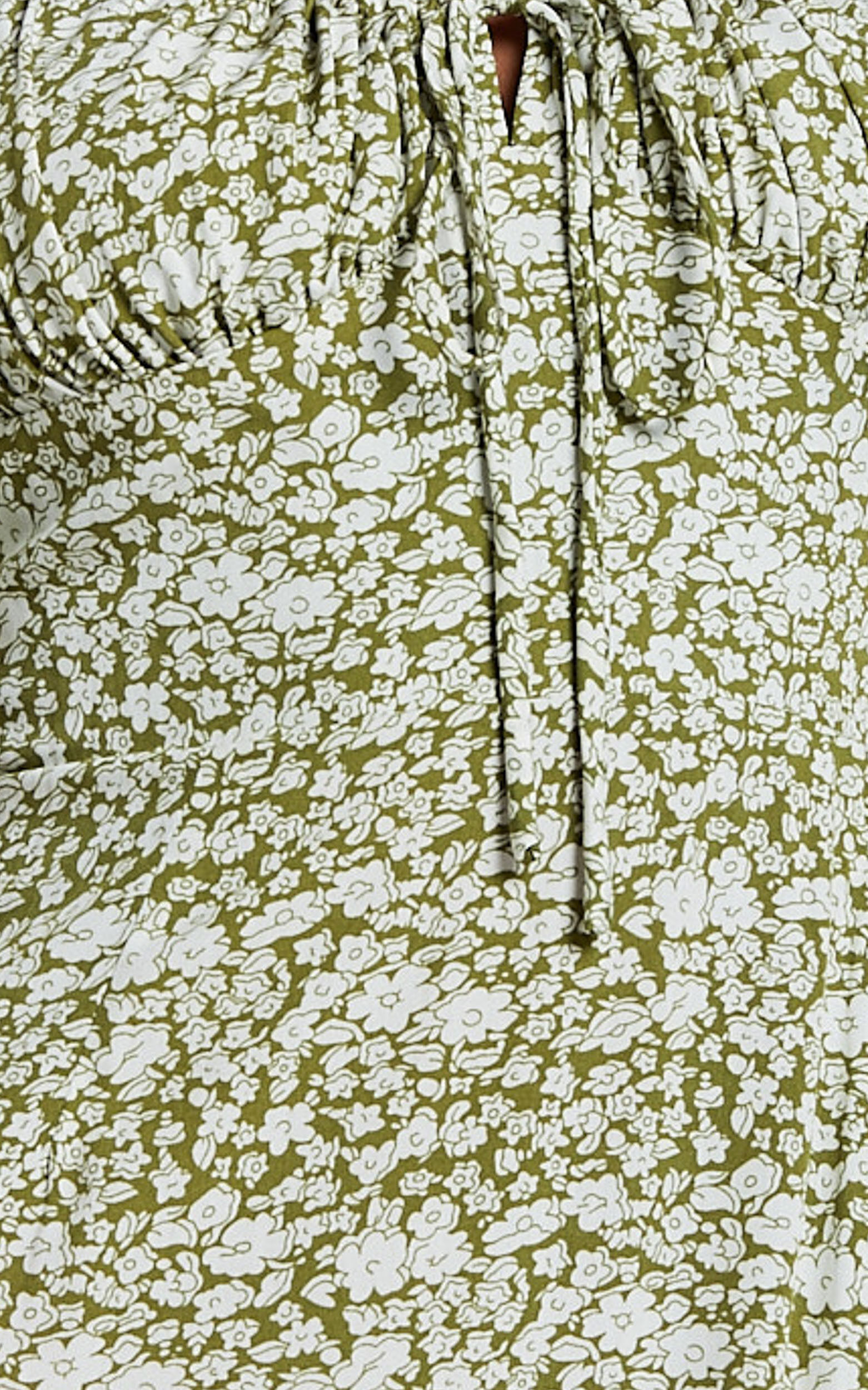 Rosario Midi Dress - Ruched Bust Puff Sleeve Dress in Olive Floral