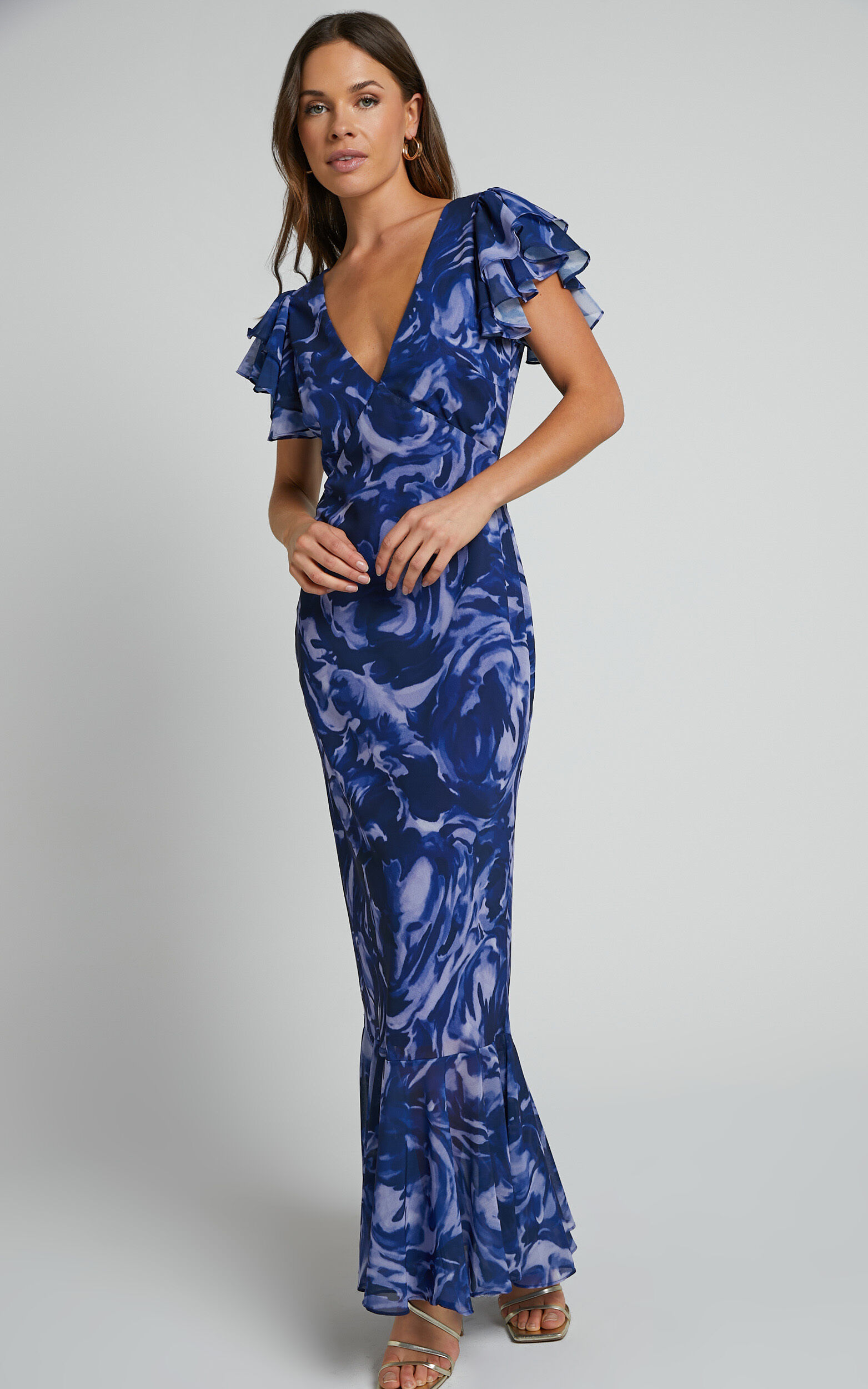 Dylana Midi Dress - V Neck Flutter Sleeve Dress in Navy Swirl