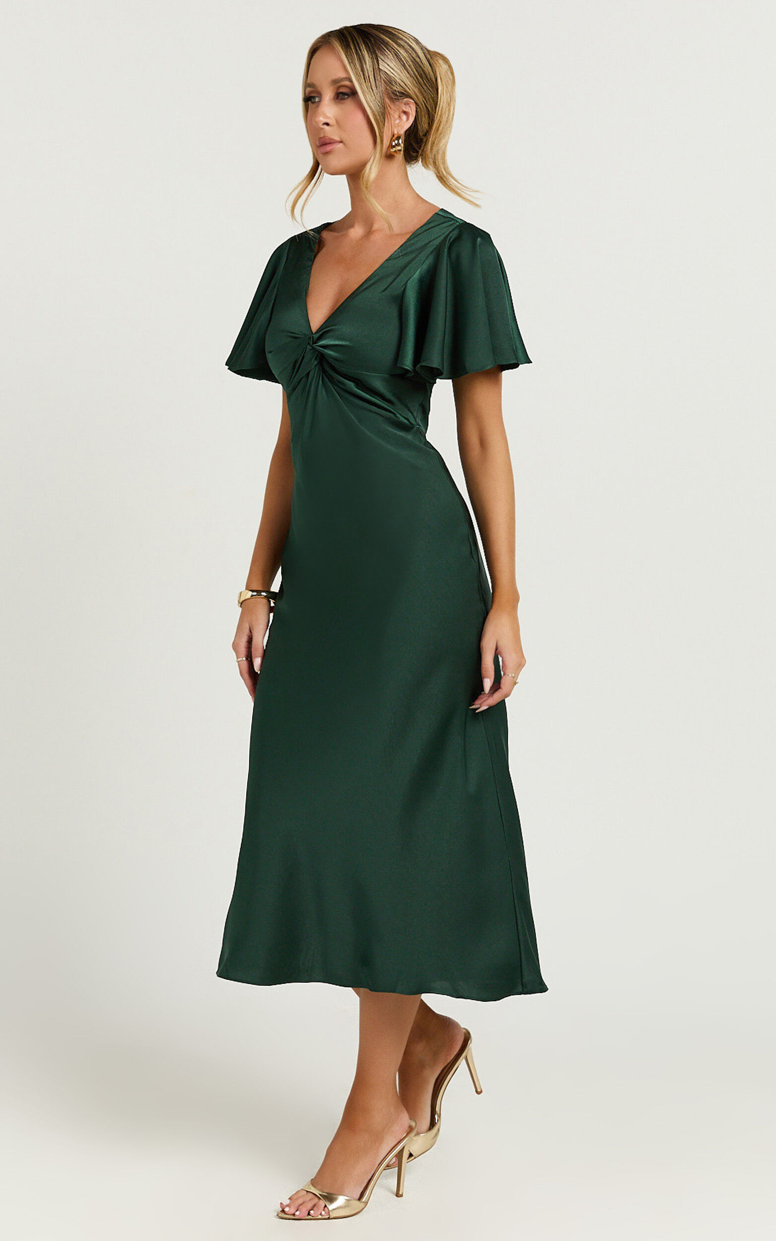 Amartina Midi Dress - V Neck Twist Bodice Flutter Sleeve Dress in Forest Green