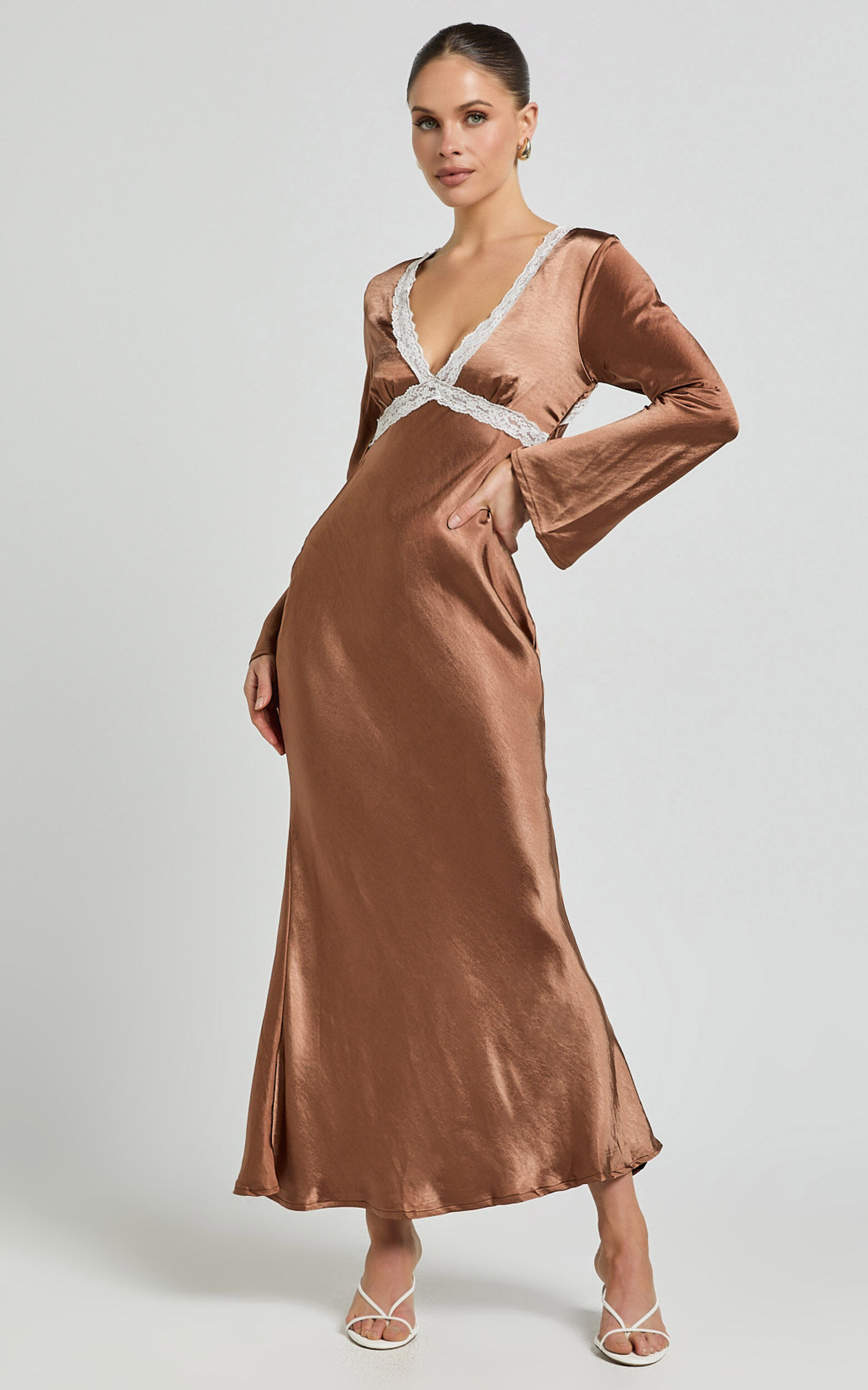 Carmela Midi Dress - Long Sleeve V Neck Lace Detail Dress in Chocolate