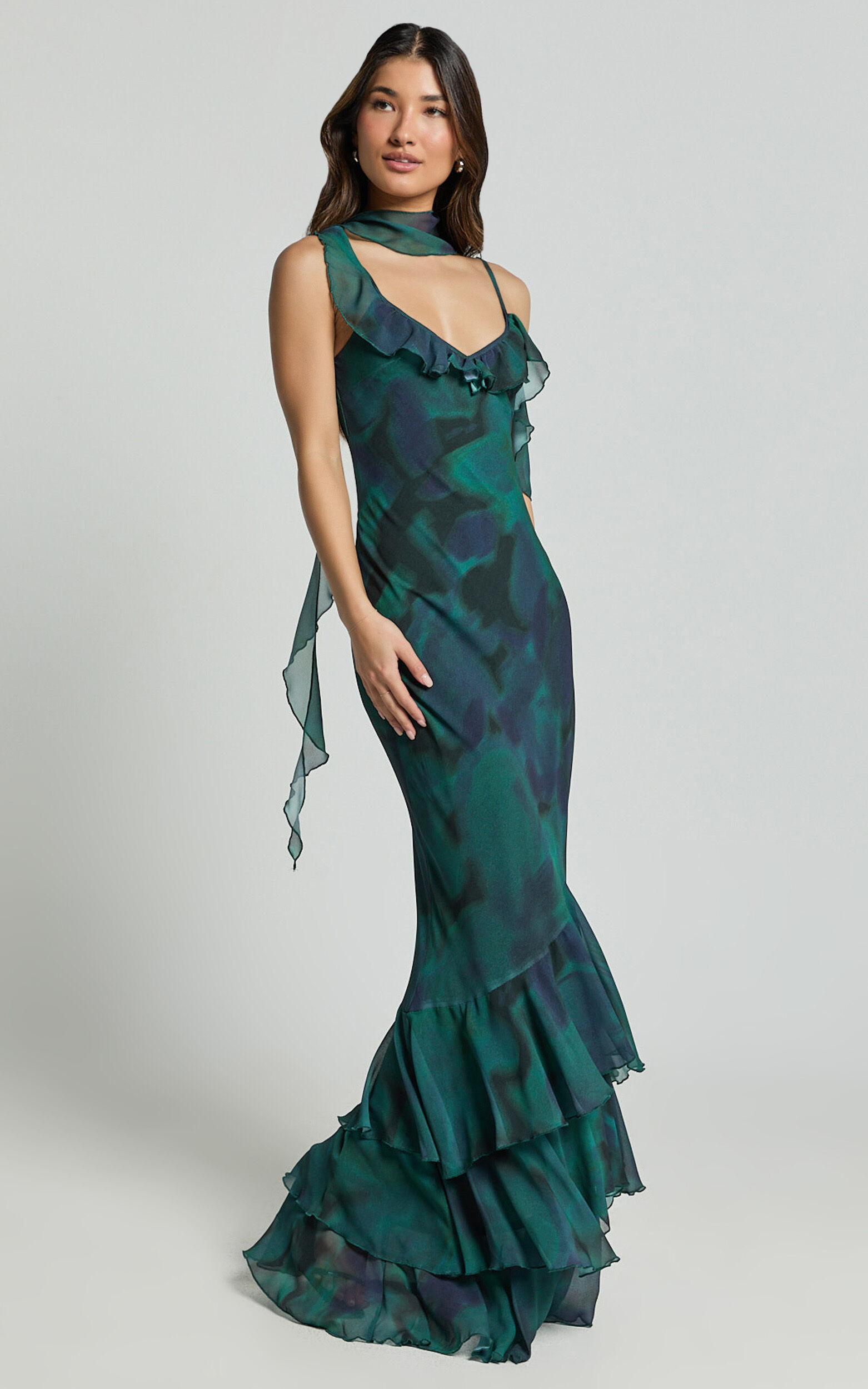 Riley Maxi Dress - Asymmetric Ruffle Detail Maxi Dress in Moss Adeana