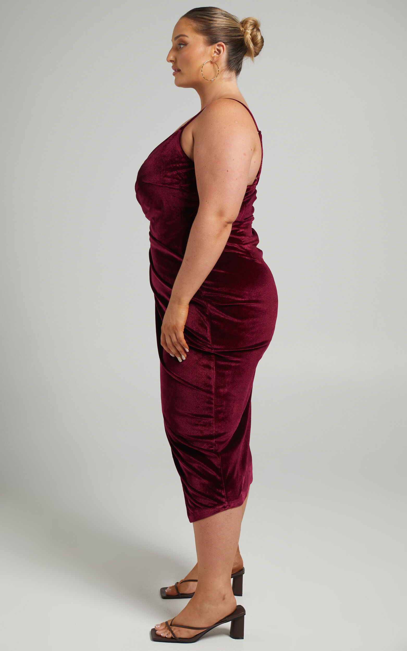 Loving Blind Midi Dress - Draped Thigh Split Dress in Wine Velvet