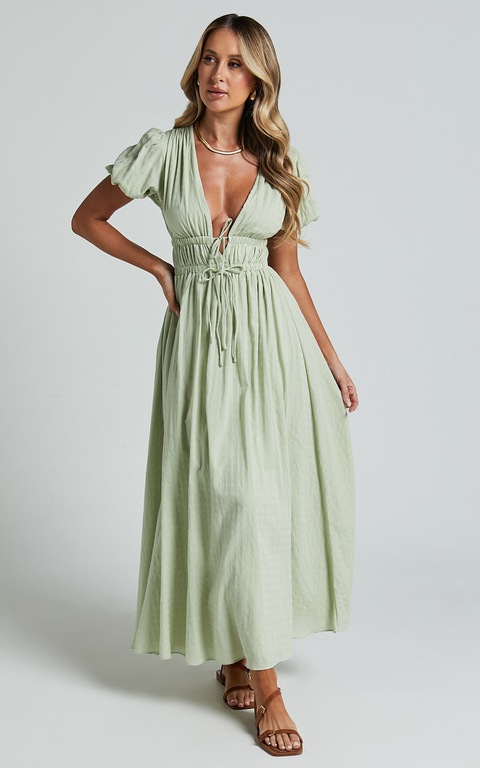 Matteo Midi Dress - Deep V Neck Puff Sleeve Dress in Sage