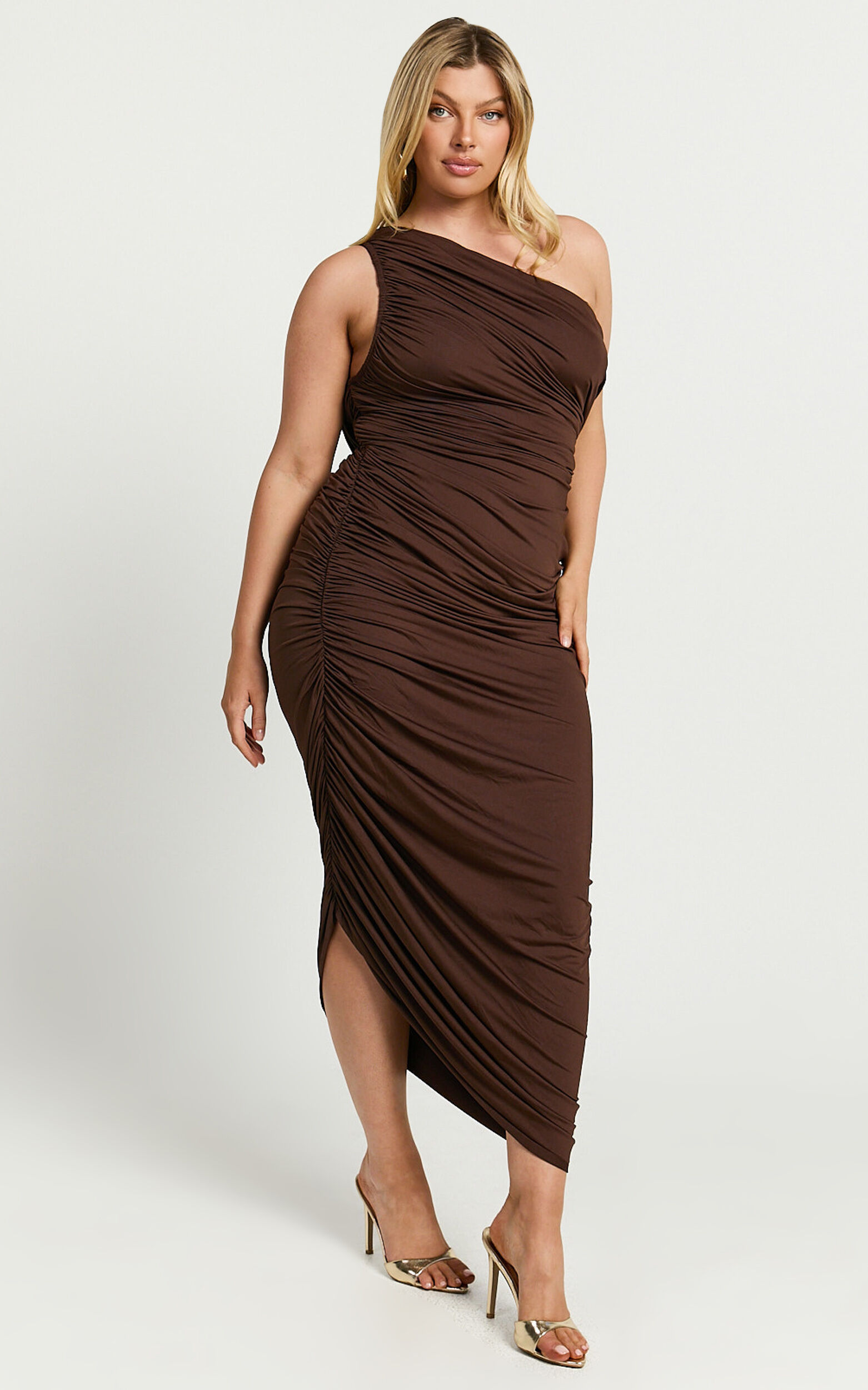 Lovlin Midi Dress - One Shoulder Ruched Dress in Chocolate