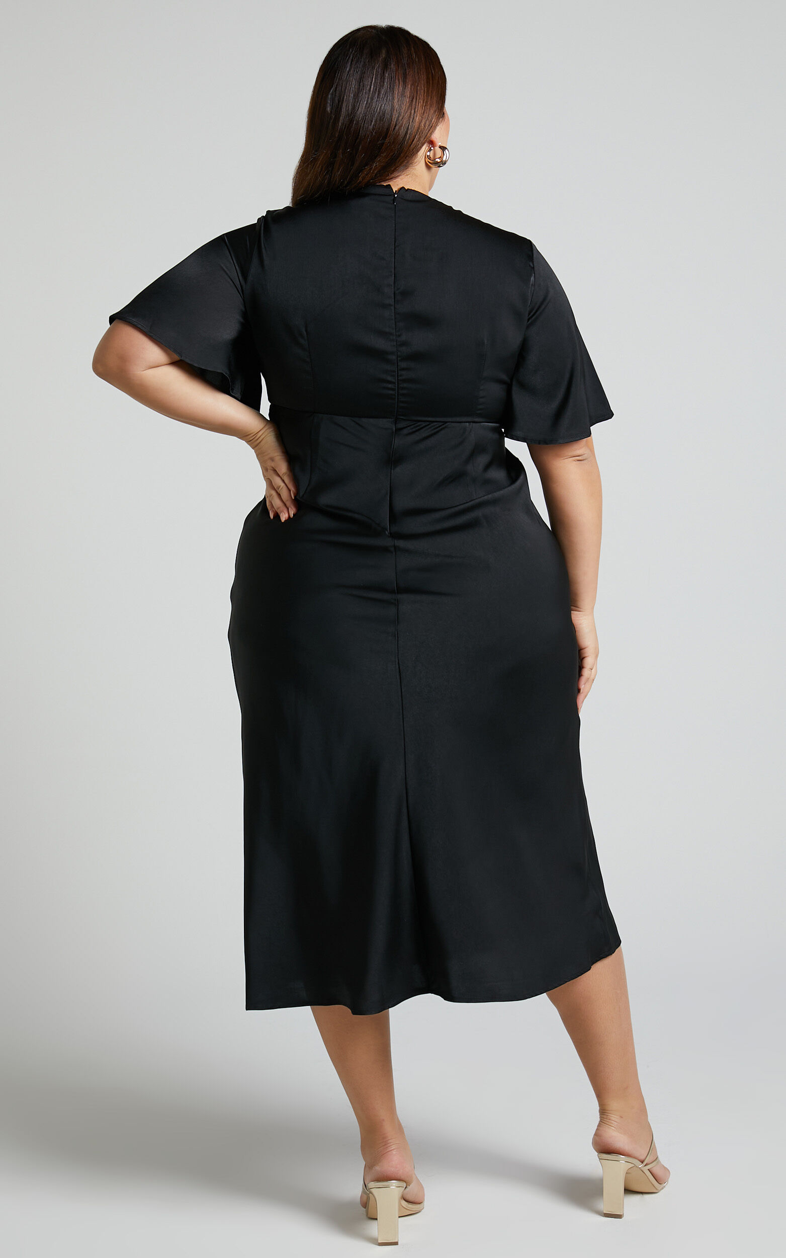 Nicholla Midi Dress - Ruched Front Angel Sleeve Slip Dress in Black