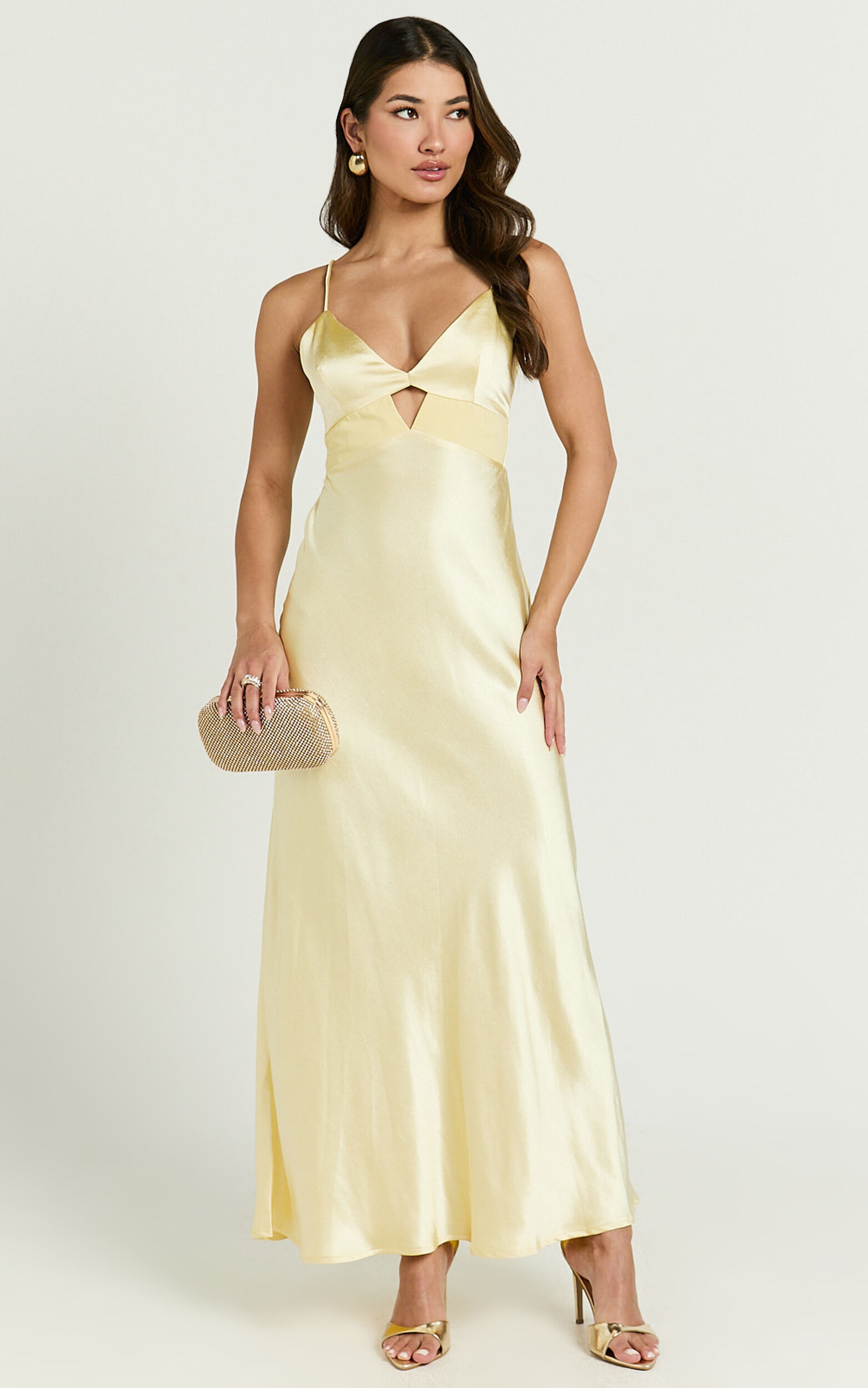 Charvie Midi Dress - V Neck Cut Out Detail Satin Slip Dress in Lemon