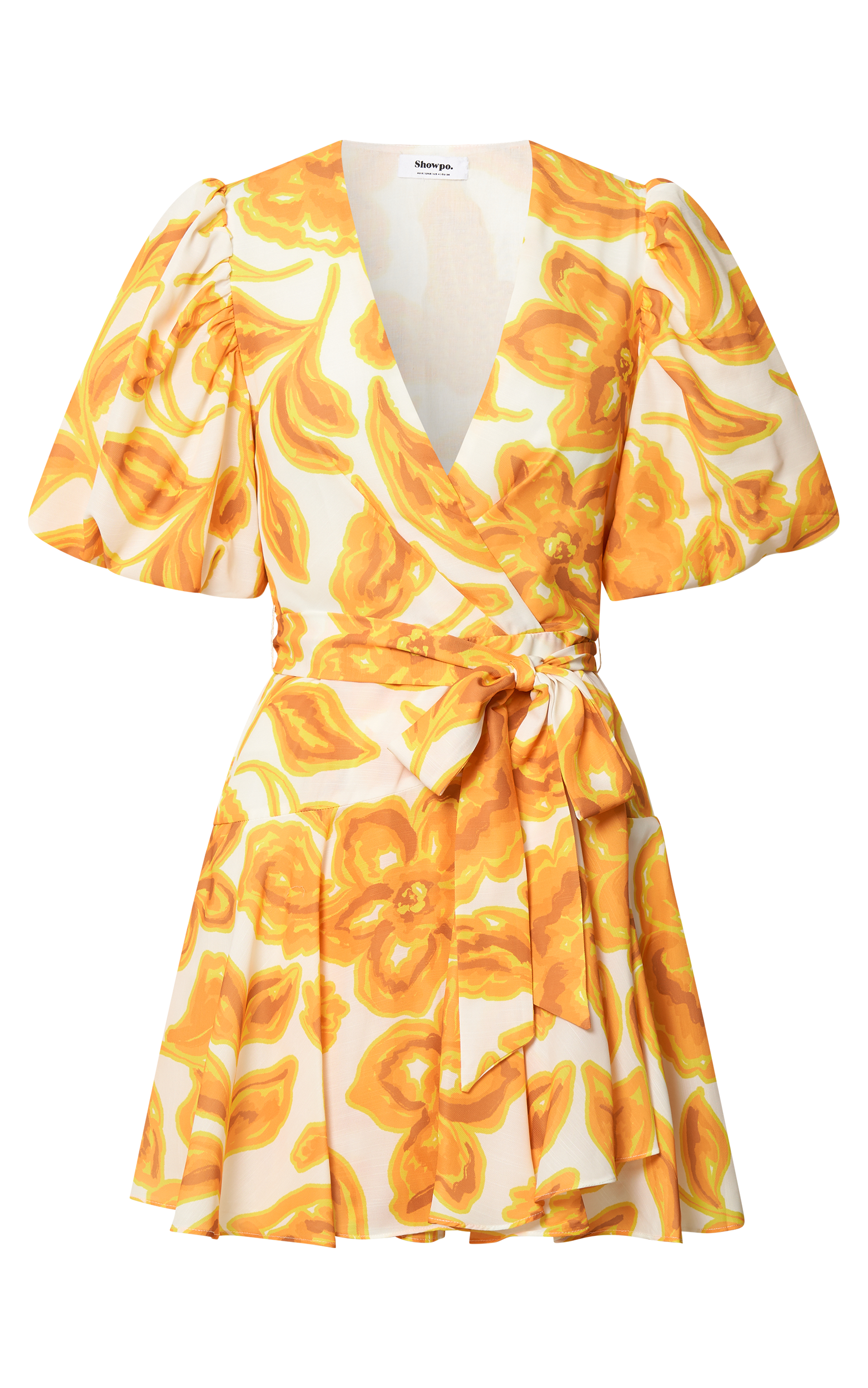 Aleka Mini Dress - V Neck Balloon Sleeve Wrap in Sunshine Floral