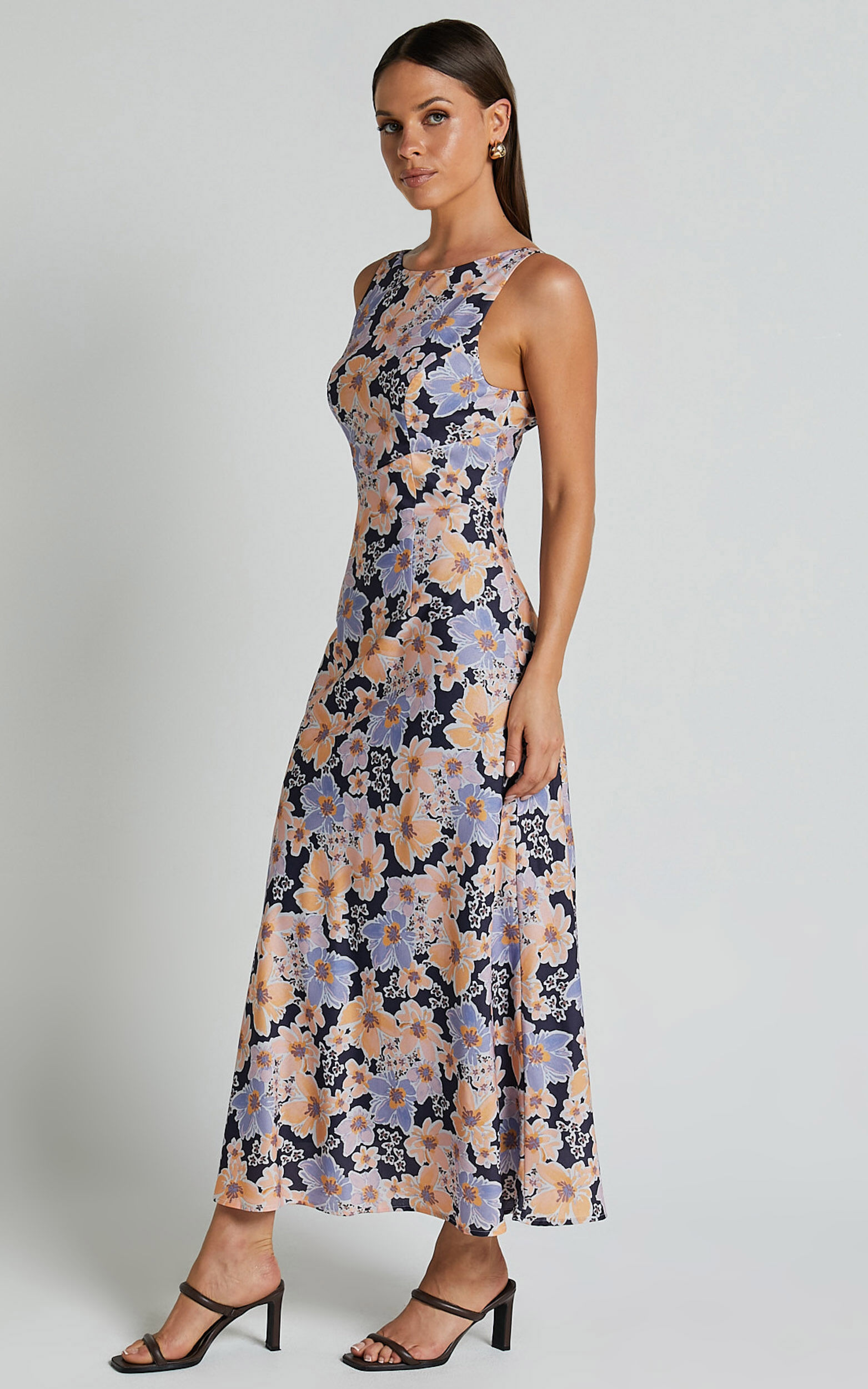 Jenibelle Midi Dress - Boat Neck Open Back Sleeveless Bias Cut Slip Dress in Mellow Floral