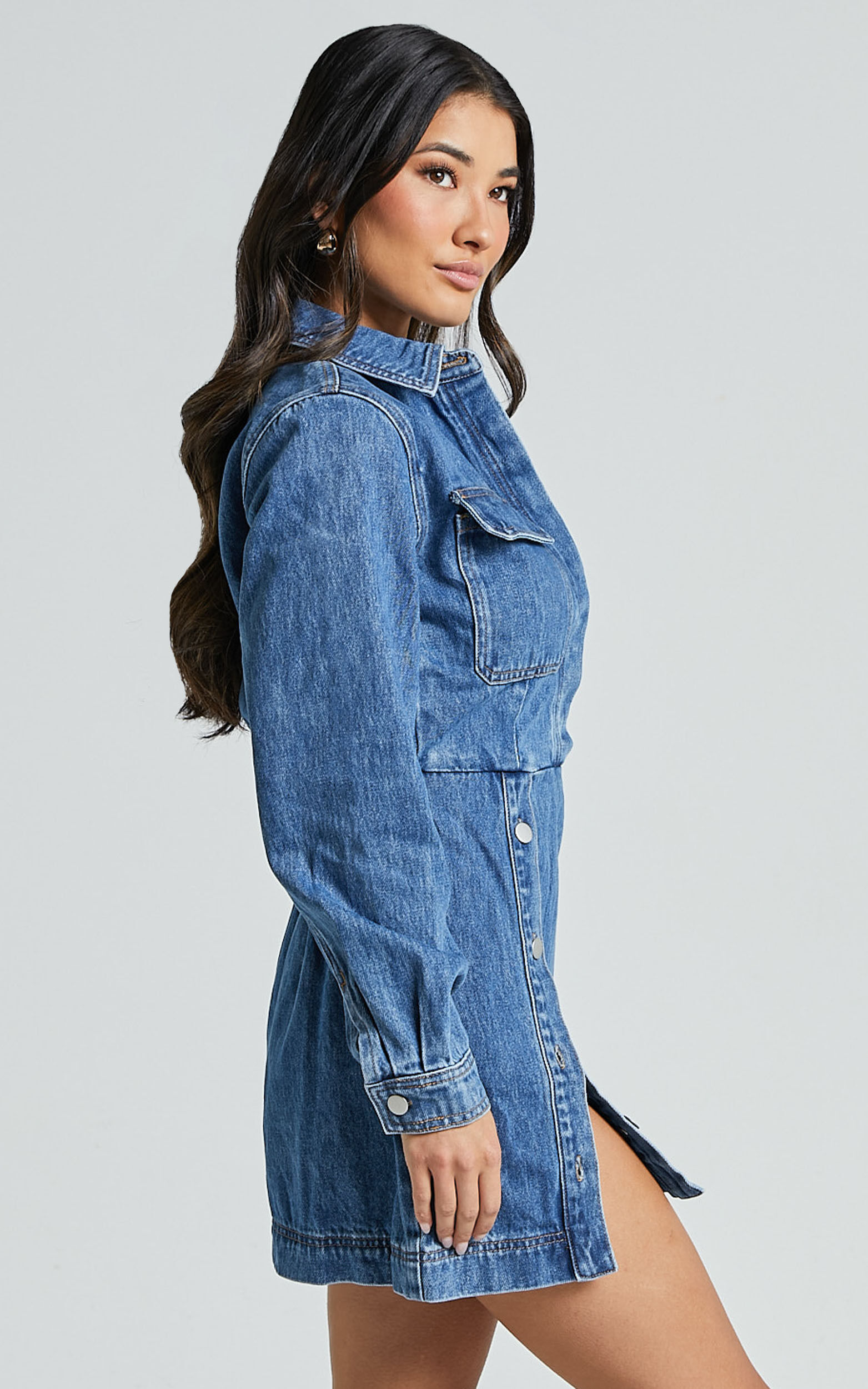 Ainsley Mini Dress - Button Through Long Sleeve Denim Dress in Mid Blue Wash