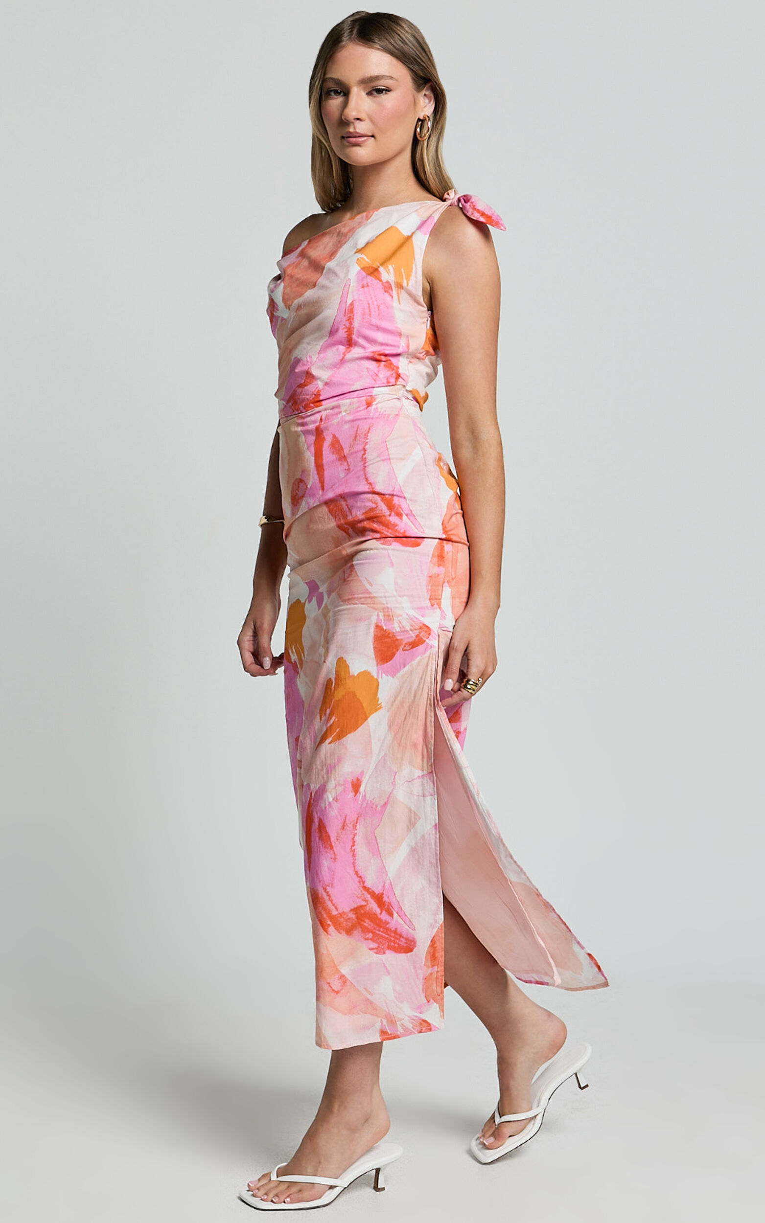 Cincinnati Midi Dress - Off The Shoulder Side Split Column Linen Look Dress in Pink Blur Floral