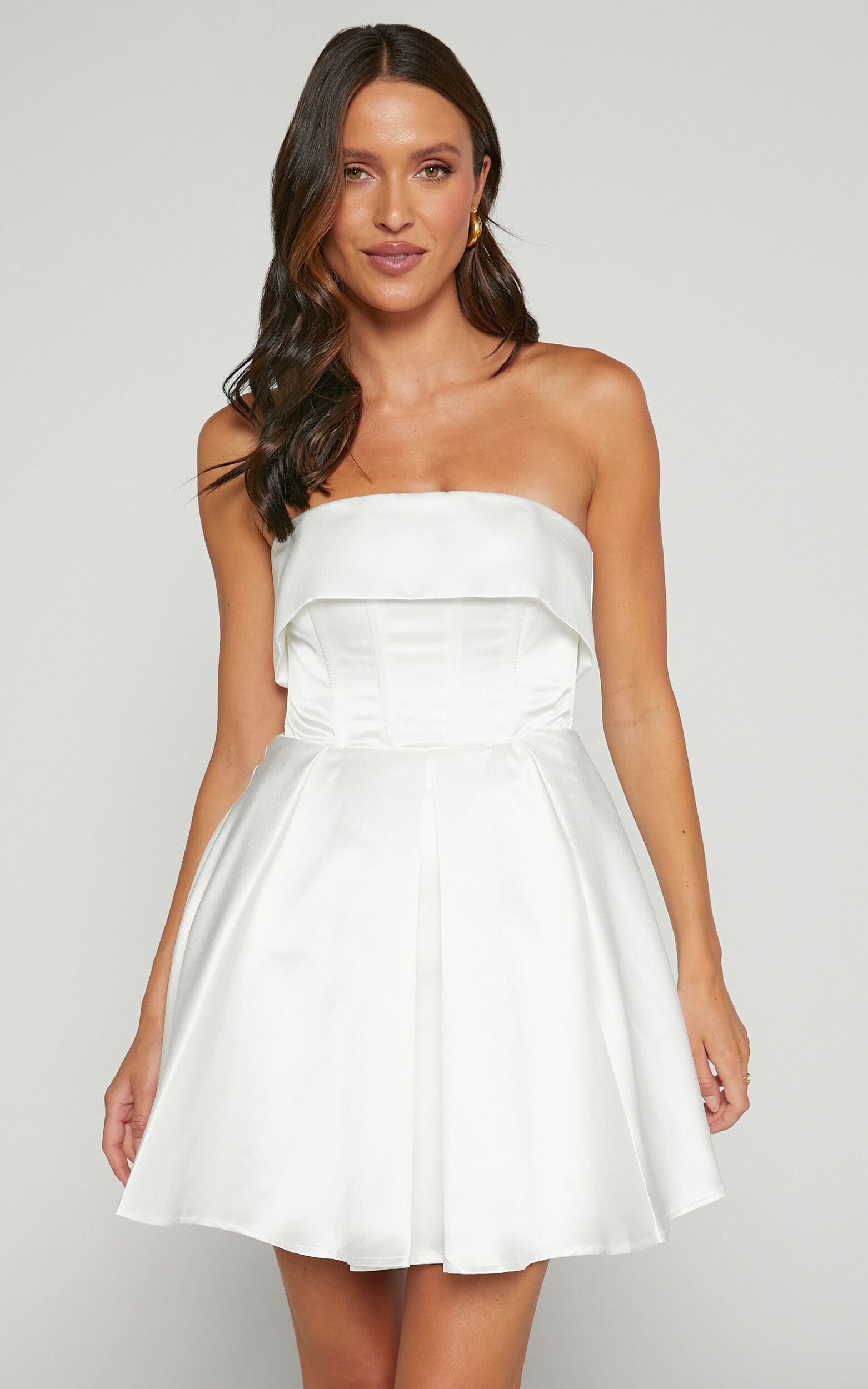 Valora Mini Dress - Strapless Fit and Flare Satin Dress in Ivory