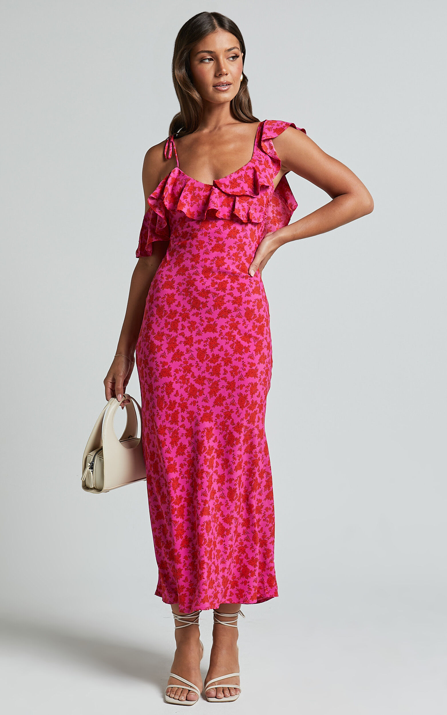 Giulia Midi Dress - One Shoulder Frill Detail Dress in Pink Floral