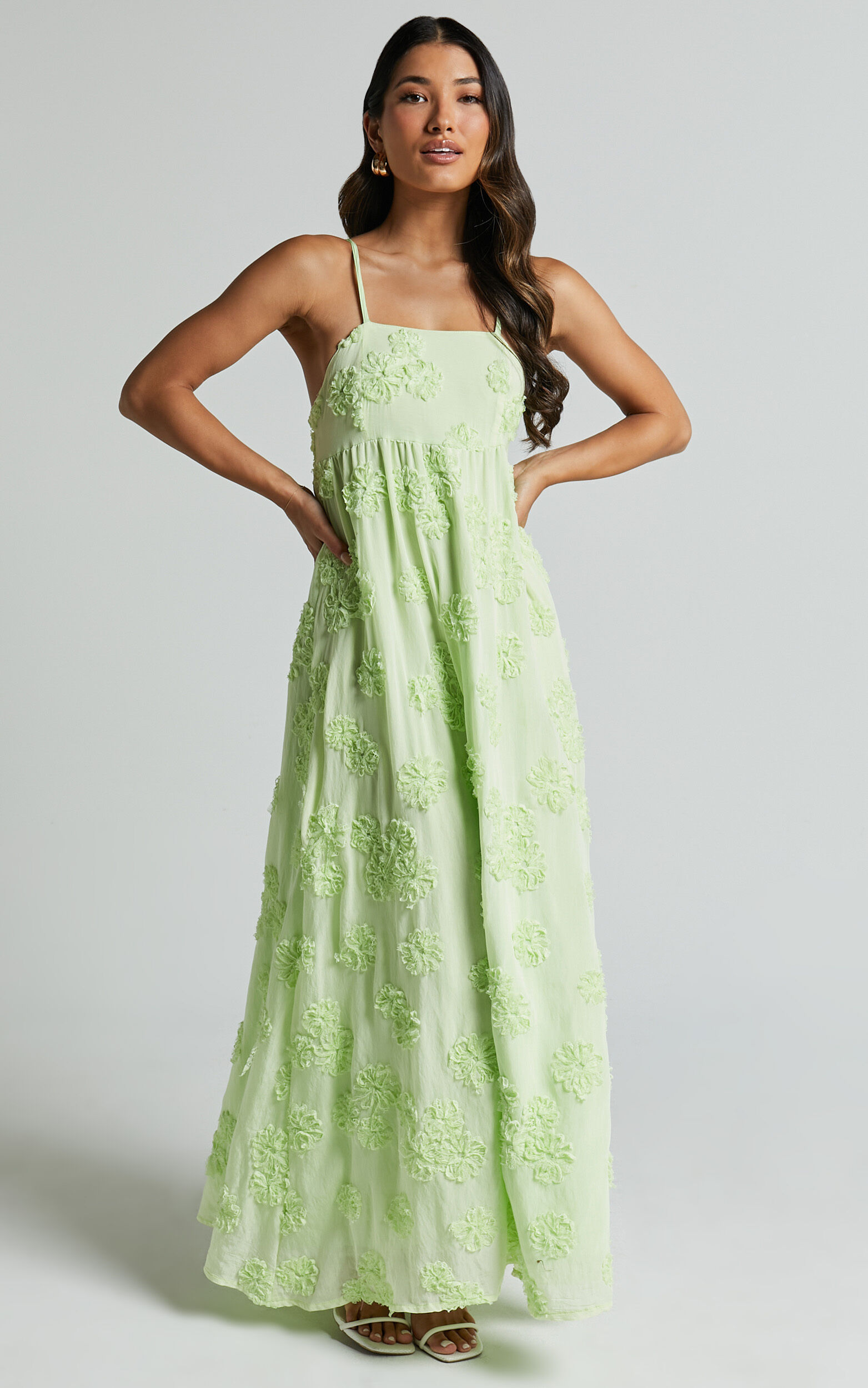 Claya Maxi Dress - Sleeveless Straight Neckline Floral Detail Dress in Lime