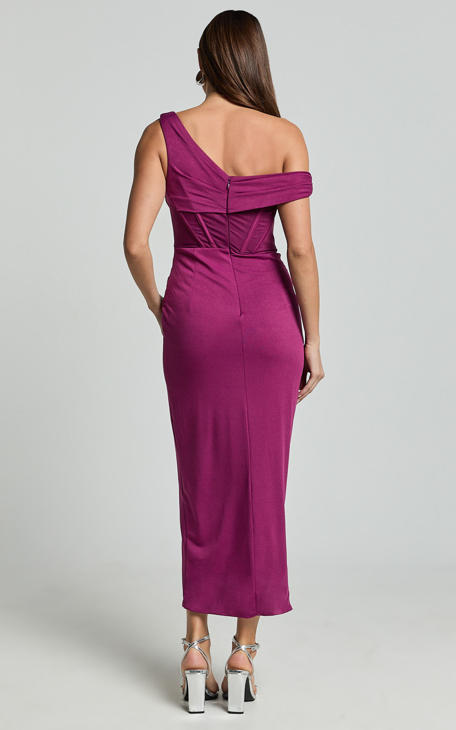 Aidia Midi Dress - One Shoulder Draped Corset Dress in Plum