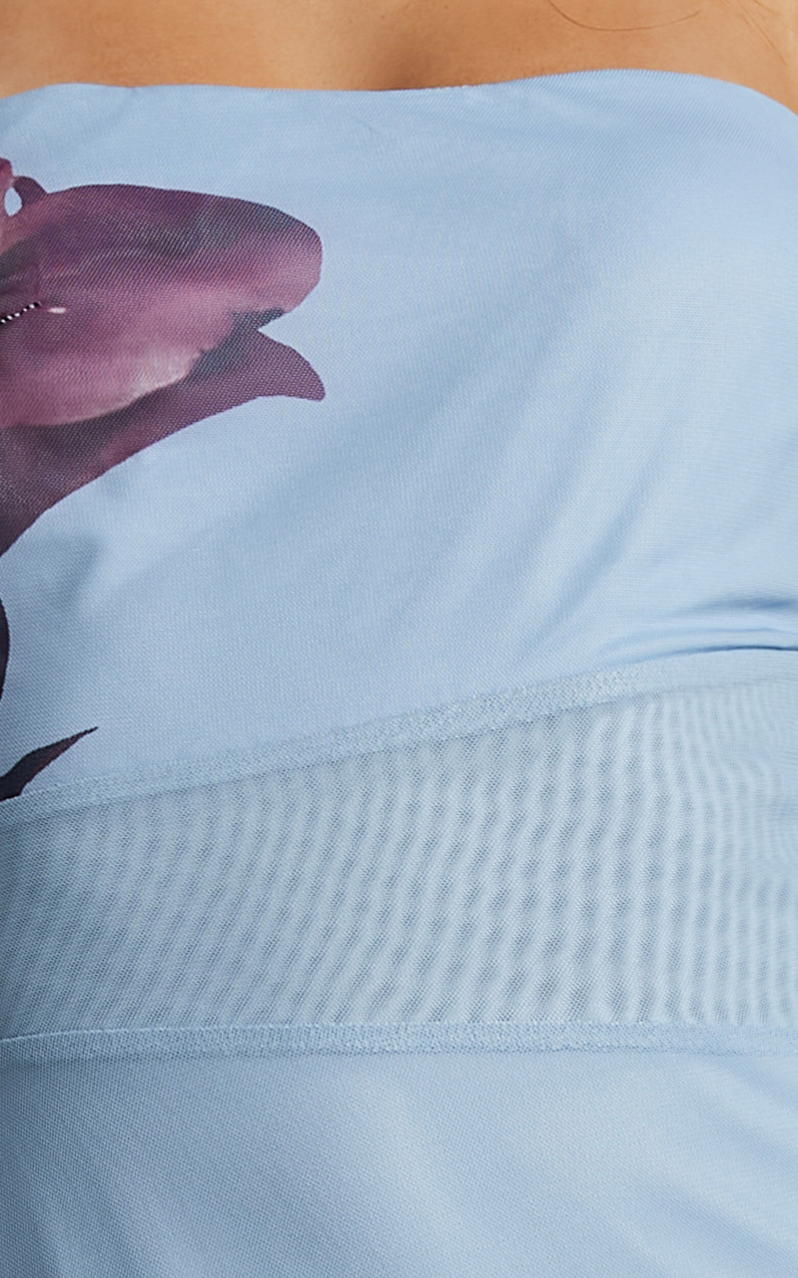 Adali Midi Dress - Strapless Mesh Midi Dress in Blue Floral