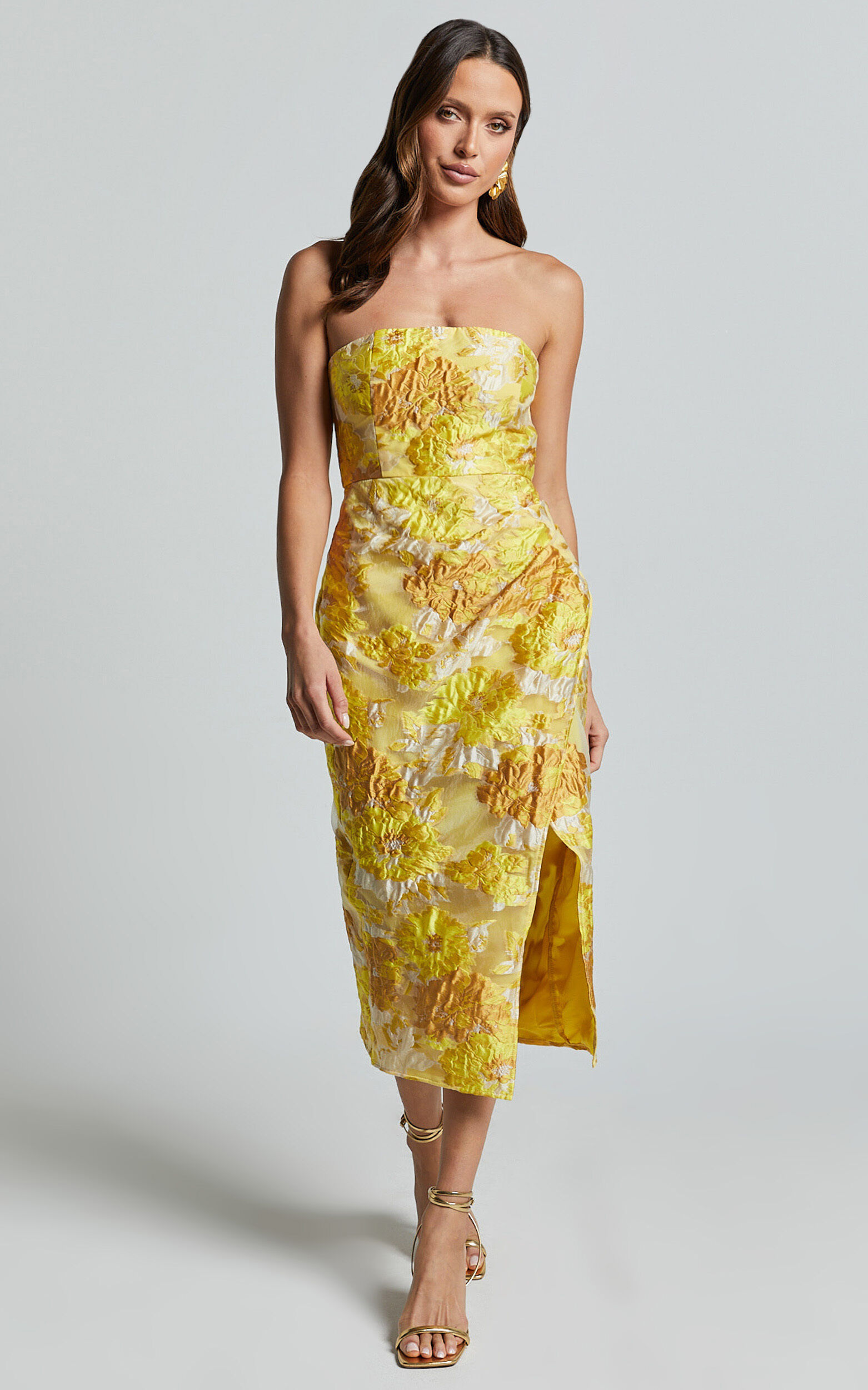 Brailey Midi Dress - Thigh Split Strapless Dress in Yellow Jacquard