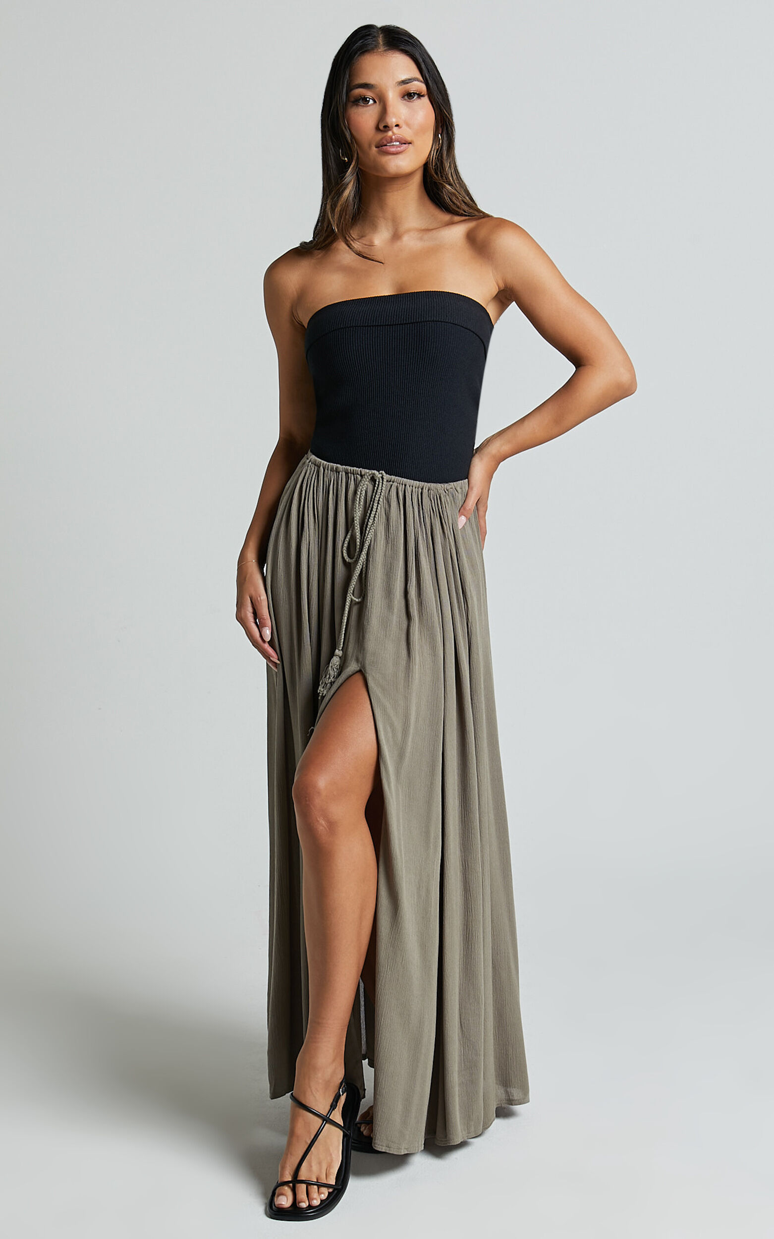 Under The Twilight Maxi Skirt - Thigh Split Skirt in Olive