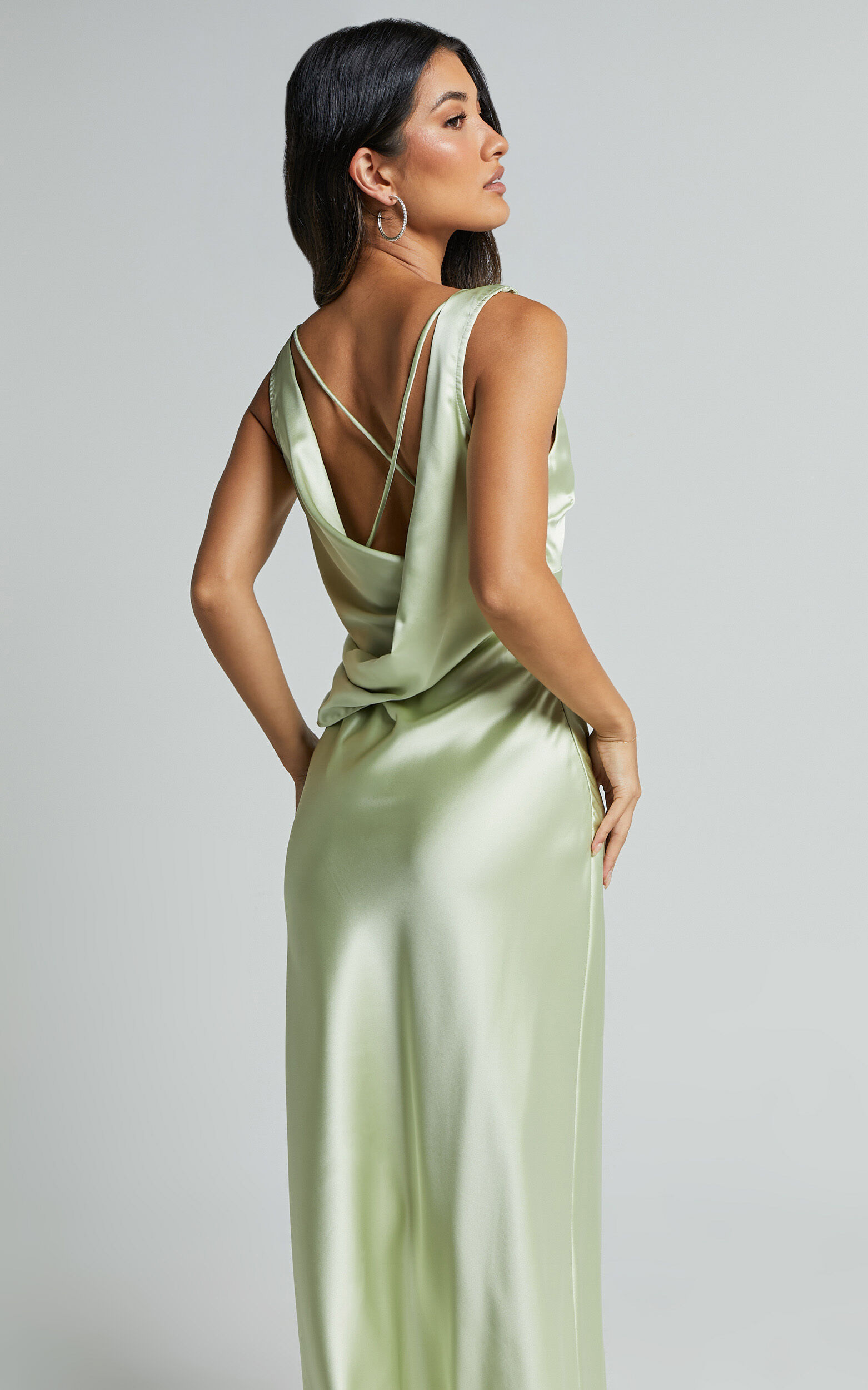 Bettina Midi Dress- Deep V Cross Back Satin Dress in Apple Green