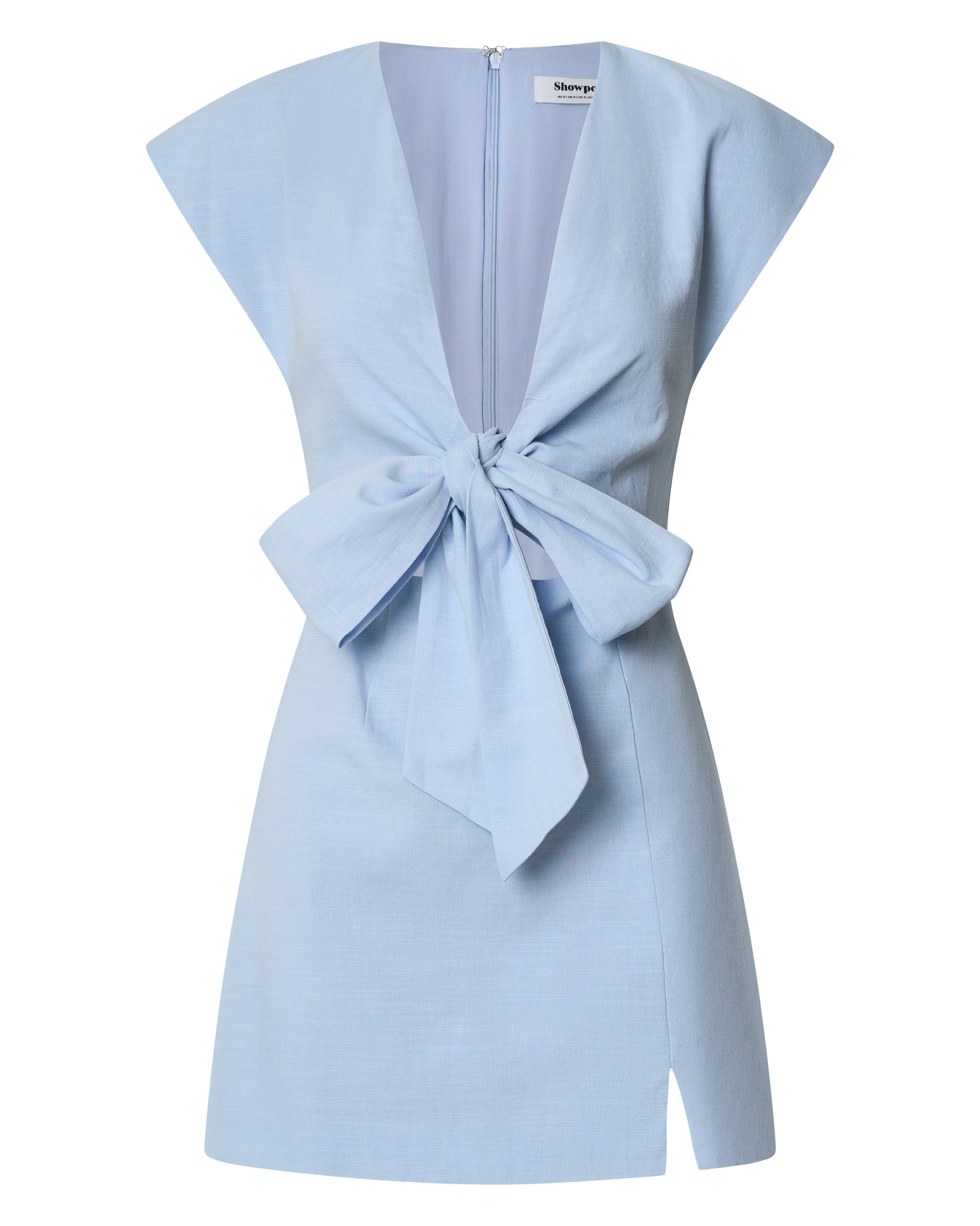 Alexandrea Mini Linen Dress - Twist Front Cap Sleeve Fitted Dress in Blue