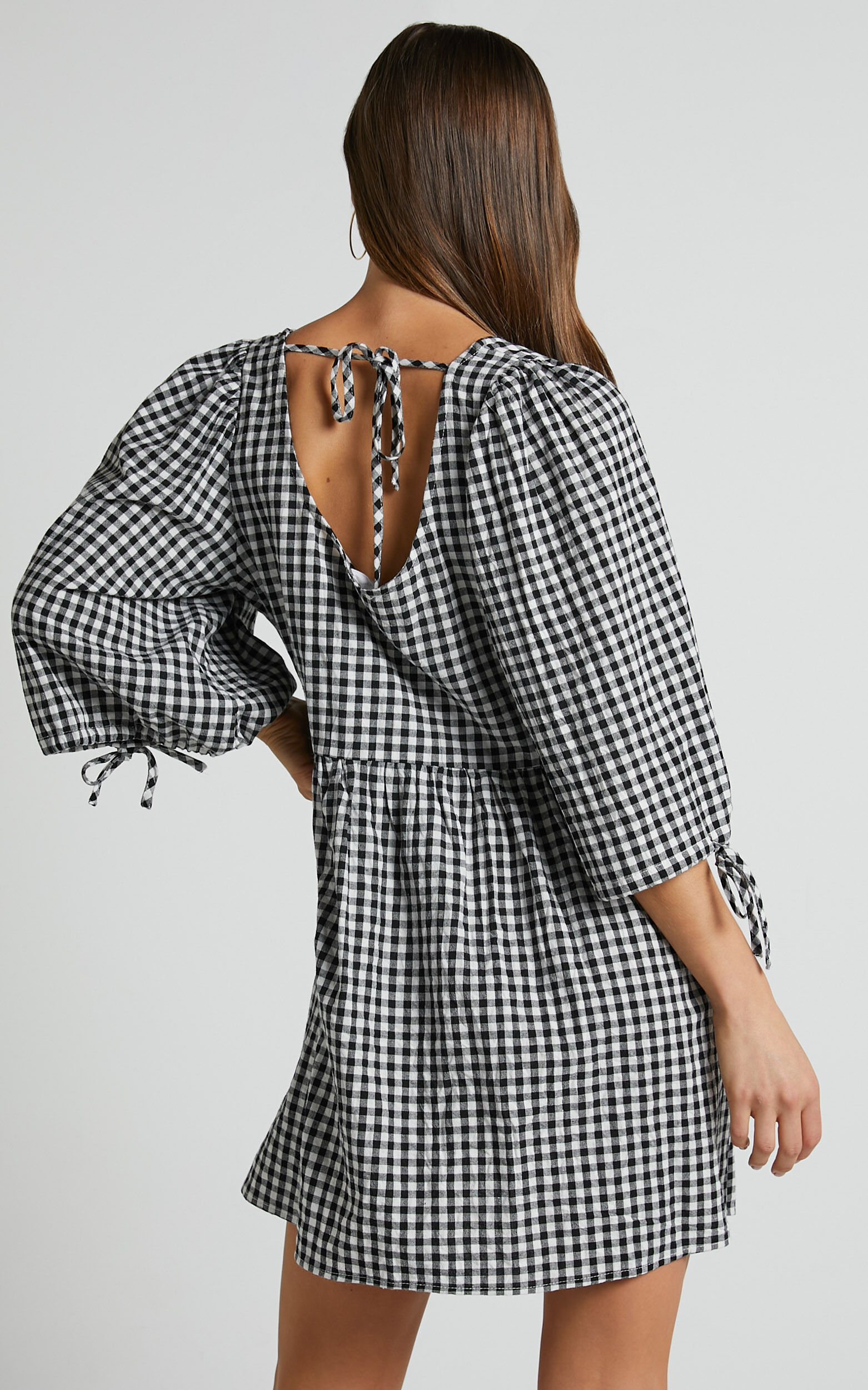 Rosita Mini Dress - Tie Front Puff Sleeve Dress in Black and White Check