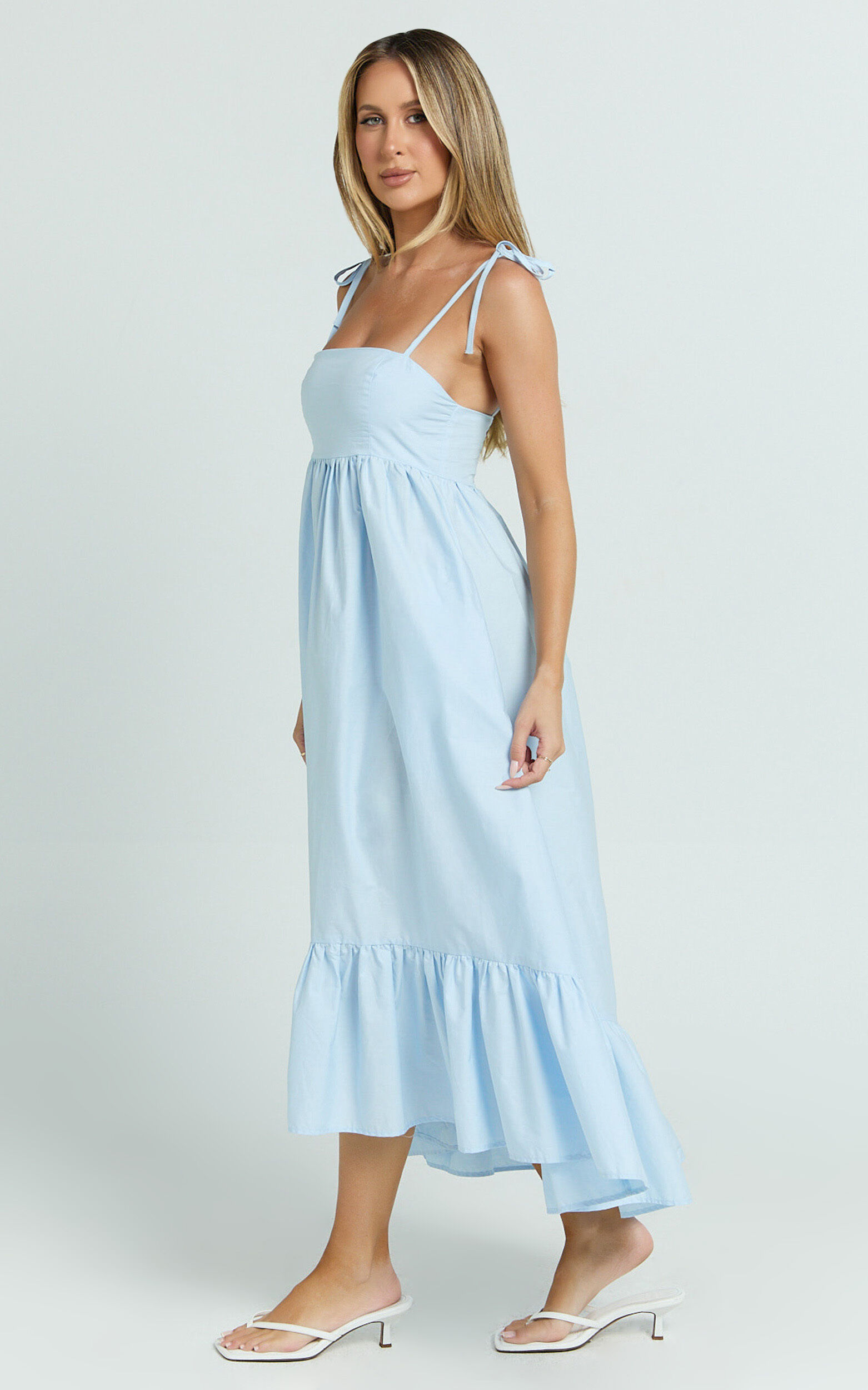 Aveiro Midi Dress - Straight Neck Shoulder Tie High Low Ruffle Hem in Soft Blue