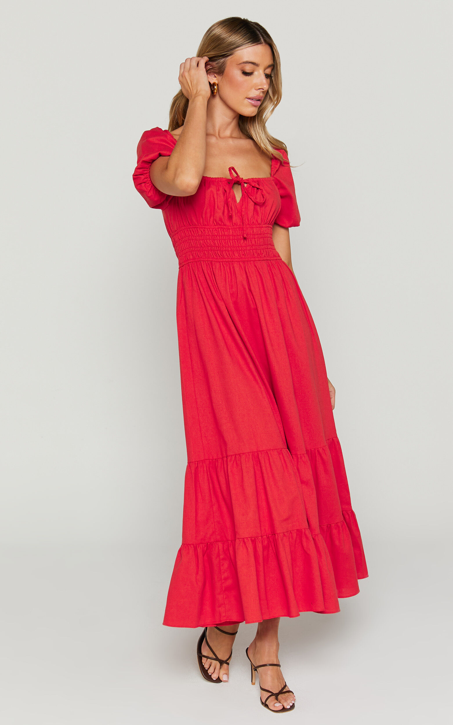 Claritza Midi Dress - Linen Look Short Puff Sleeve Square Neck Tiered Dress in Red