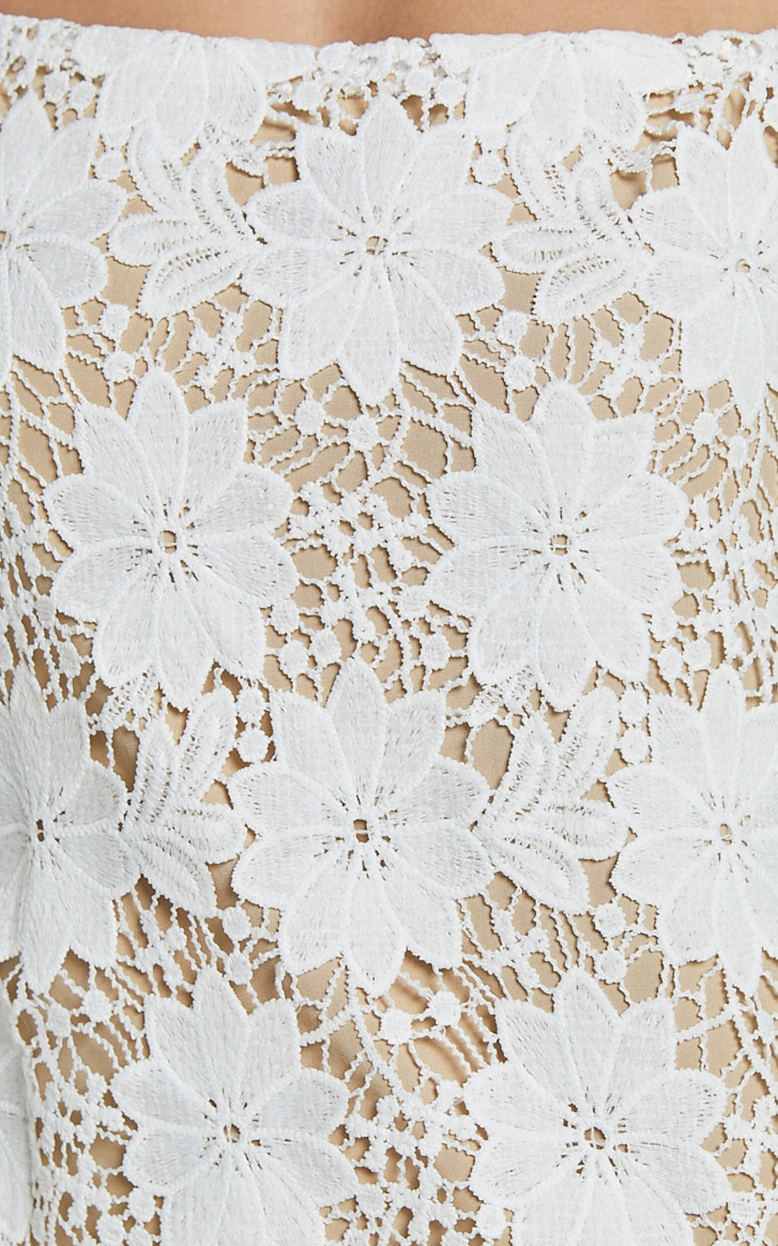 Cassie Mini Dress - Straight Neck Long Flared Sleeve Tie Back Lace Dress in White