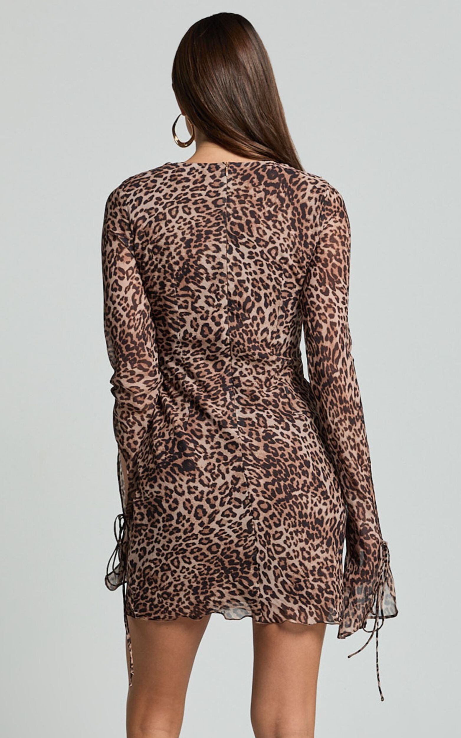 Alesya Mini Dress - Ruffle Plunge Neck Long Sleeve Tie Detail Dress in Tonal Leopard