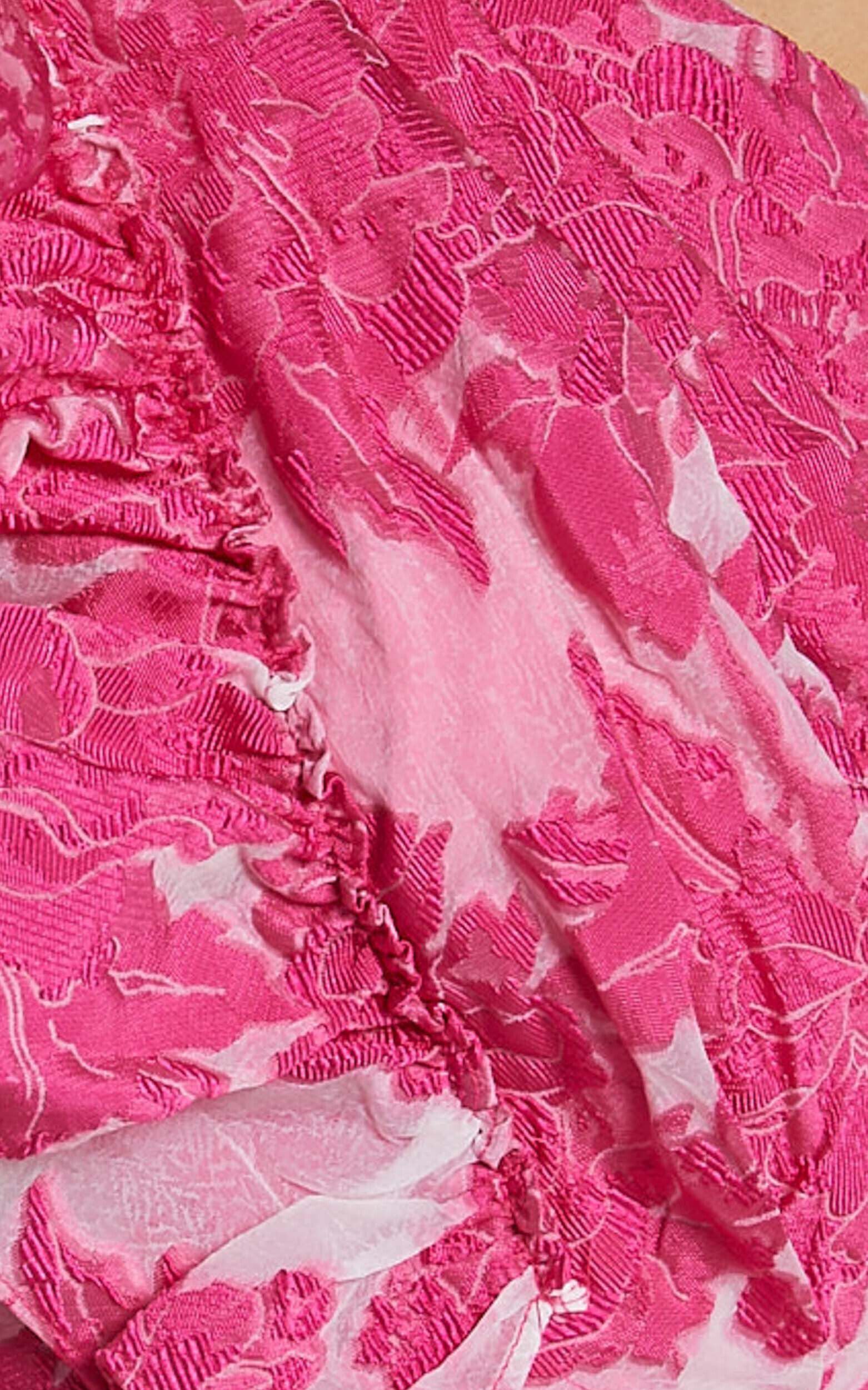 Alfreda Midi Dress - One Shoulder Ruffle Detail Brailey Jacquard Dress in Pink