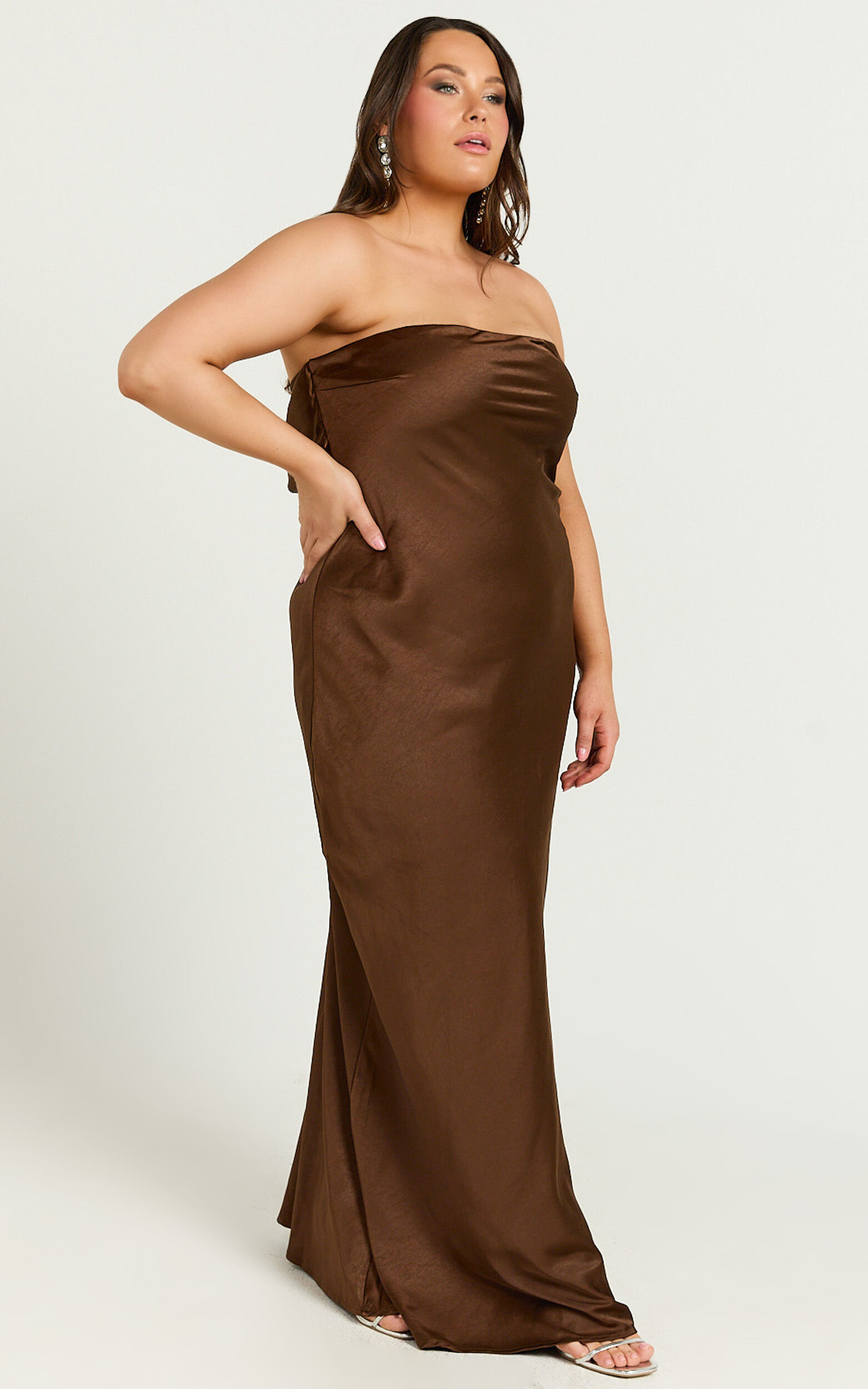 Charlita Maxi Dress - Strapless Cowl Back Satin Dress in Chocolate