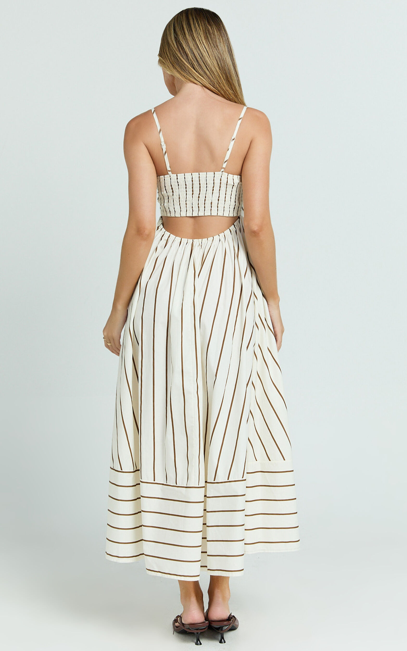 Erich Midi Dress - Open Back Stripe Dress in Beige White