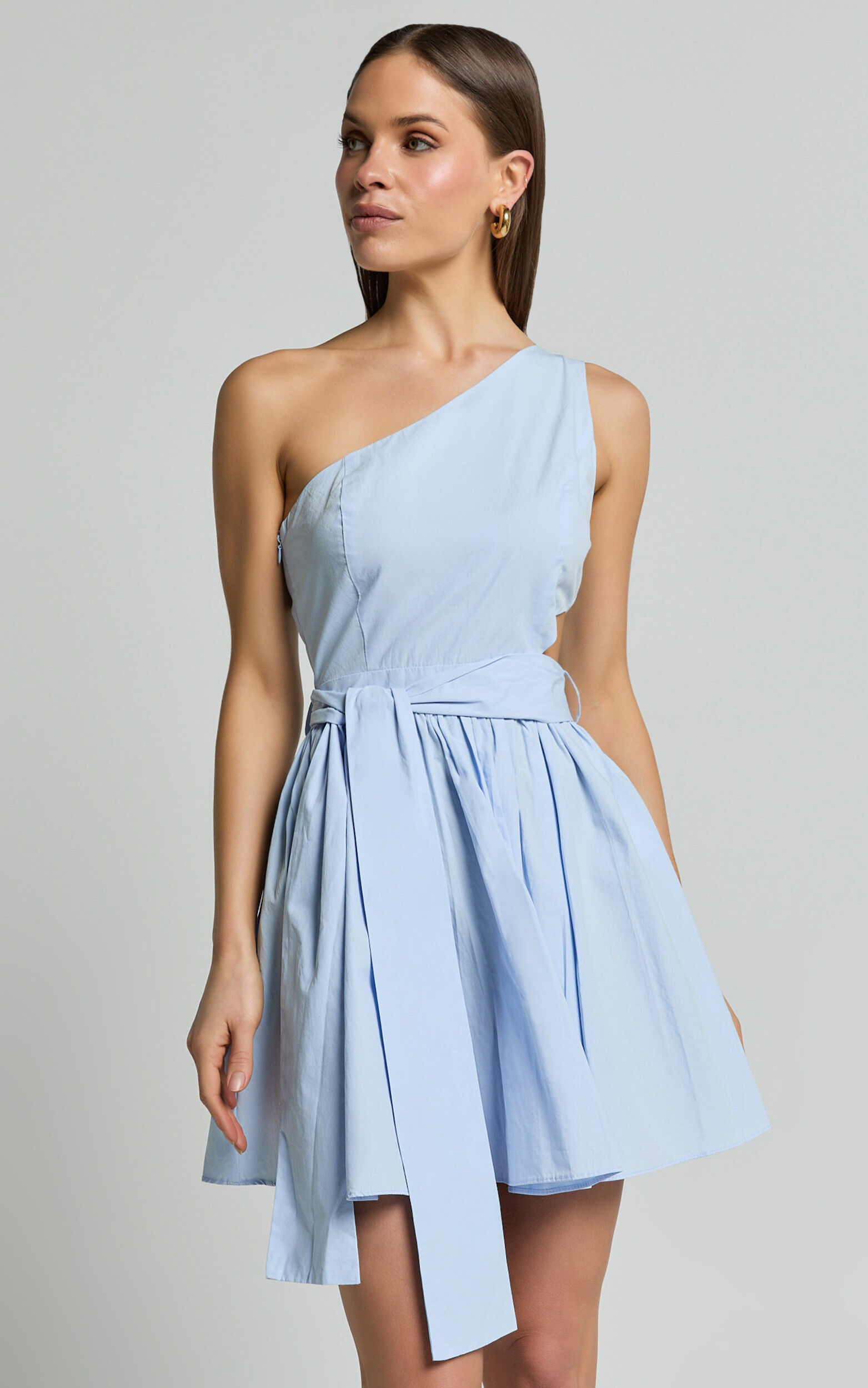 Mauee Mini Dress - One Shoulder Tie Waist Cut Out Dress in Powder Blue