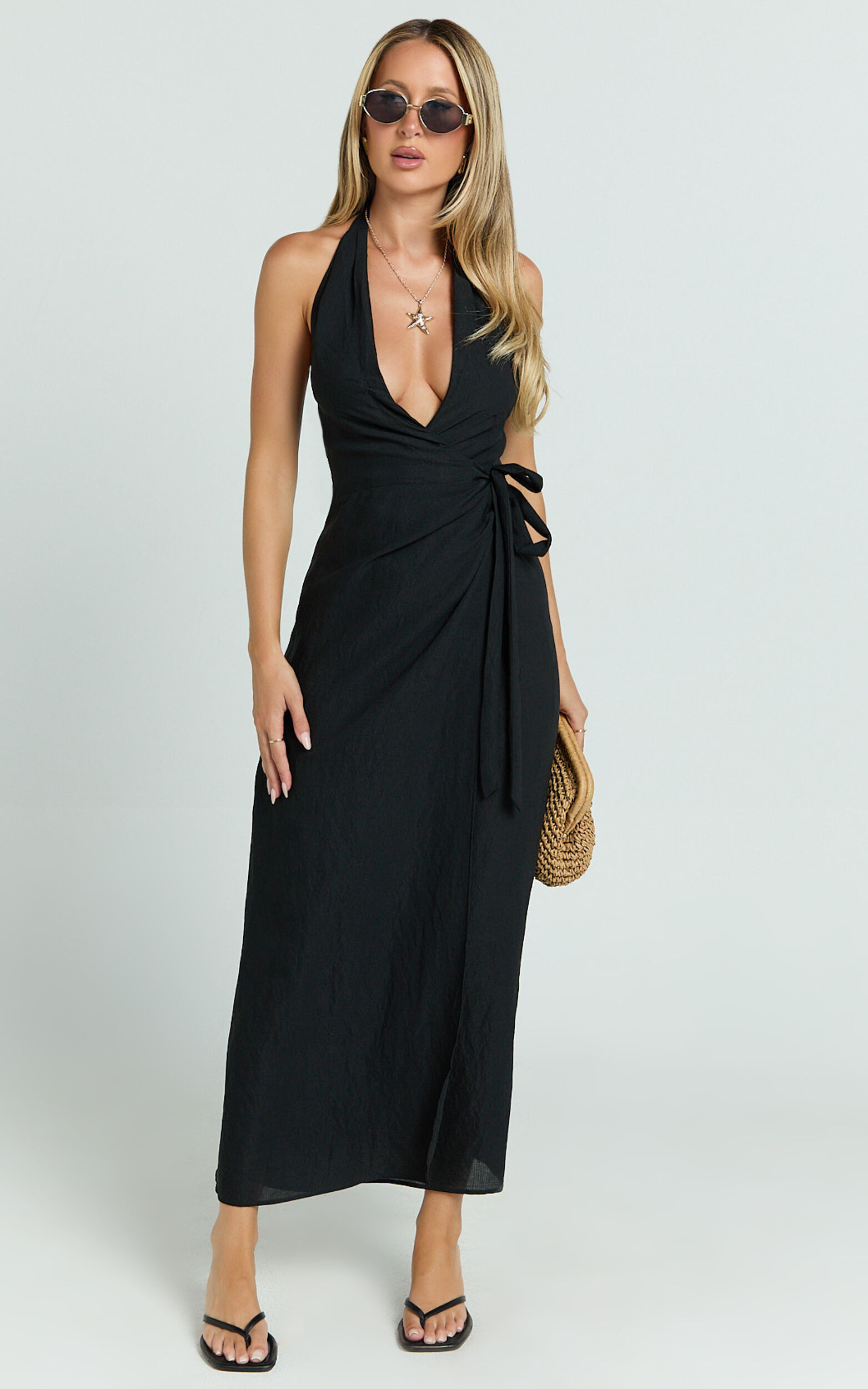 Robbie Midi Dress - Plunge Halter Midi Wrap Dress in Black
