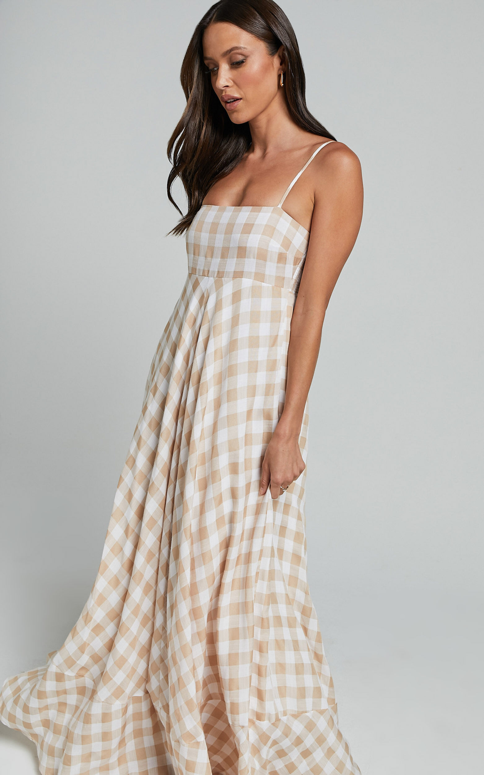 Katrien Maxi Dress - Strappy Empire Waist Flare Dress in Beige and White Check