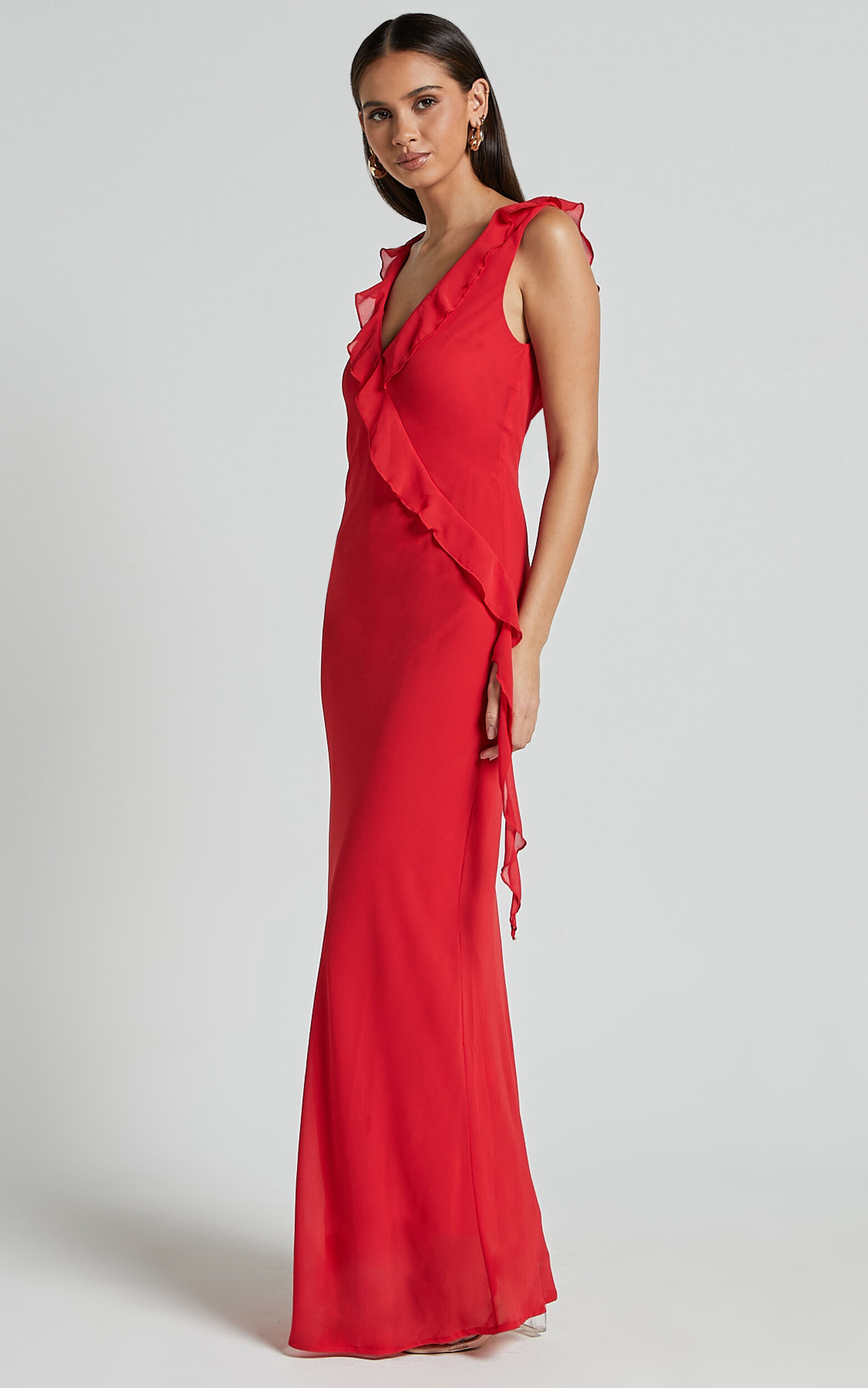 Laurie Midi Dress - Plunge Frill Detail Slip Dress in Red