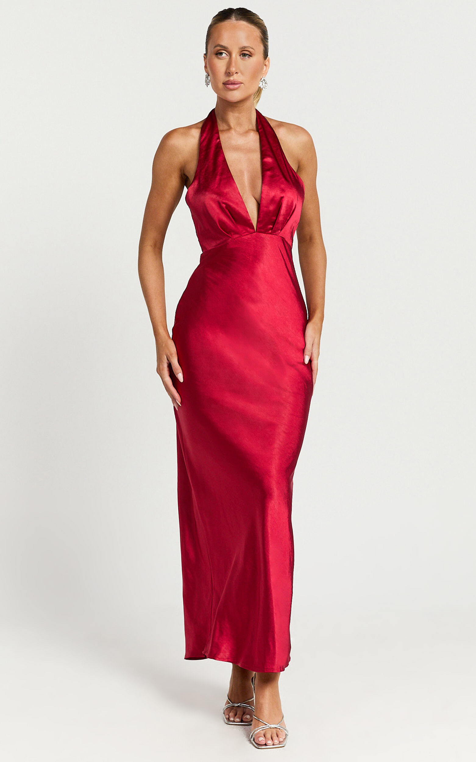 Prima Maxi Dress - Plunge Satin Dress in Red
