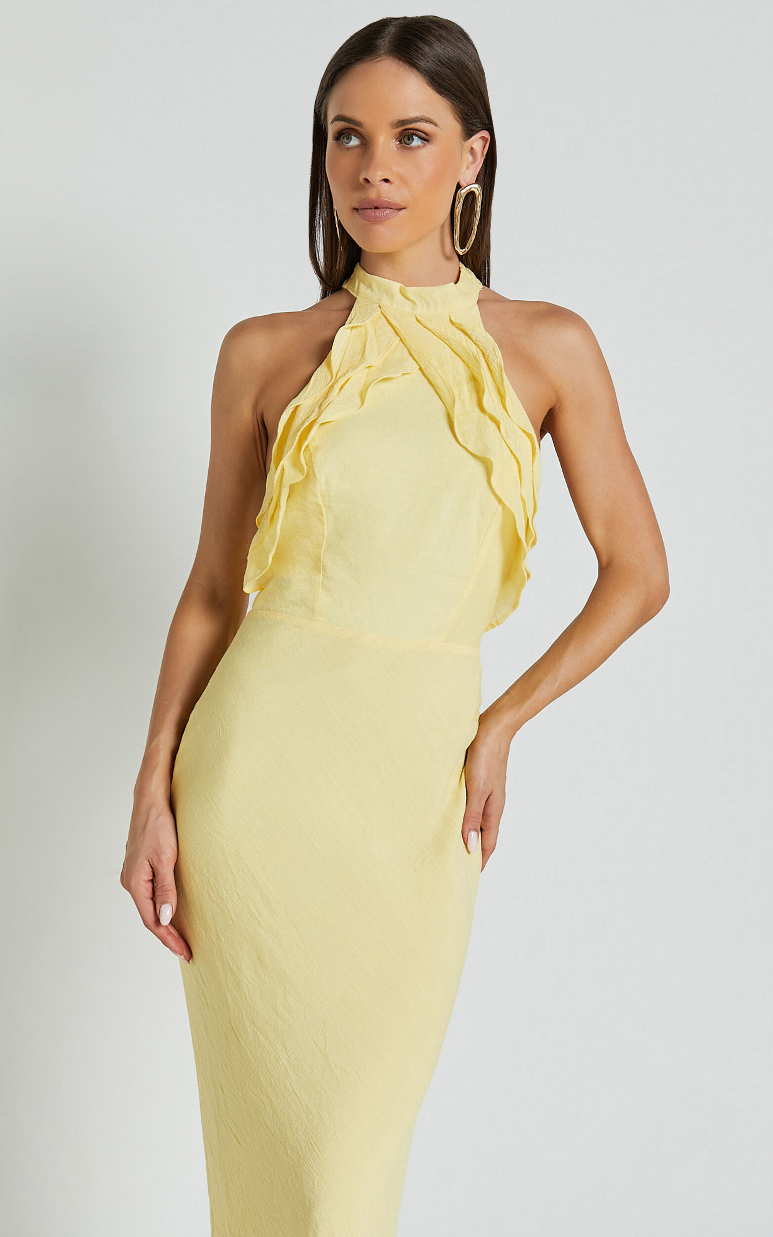 Asha Maxi Dress- High Neck Ruffle Detail Dress in Banana