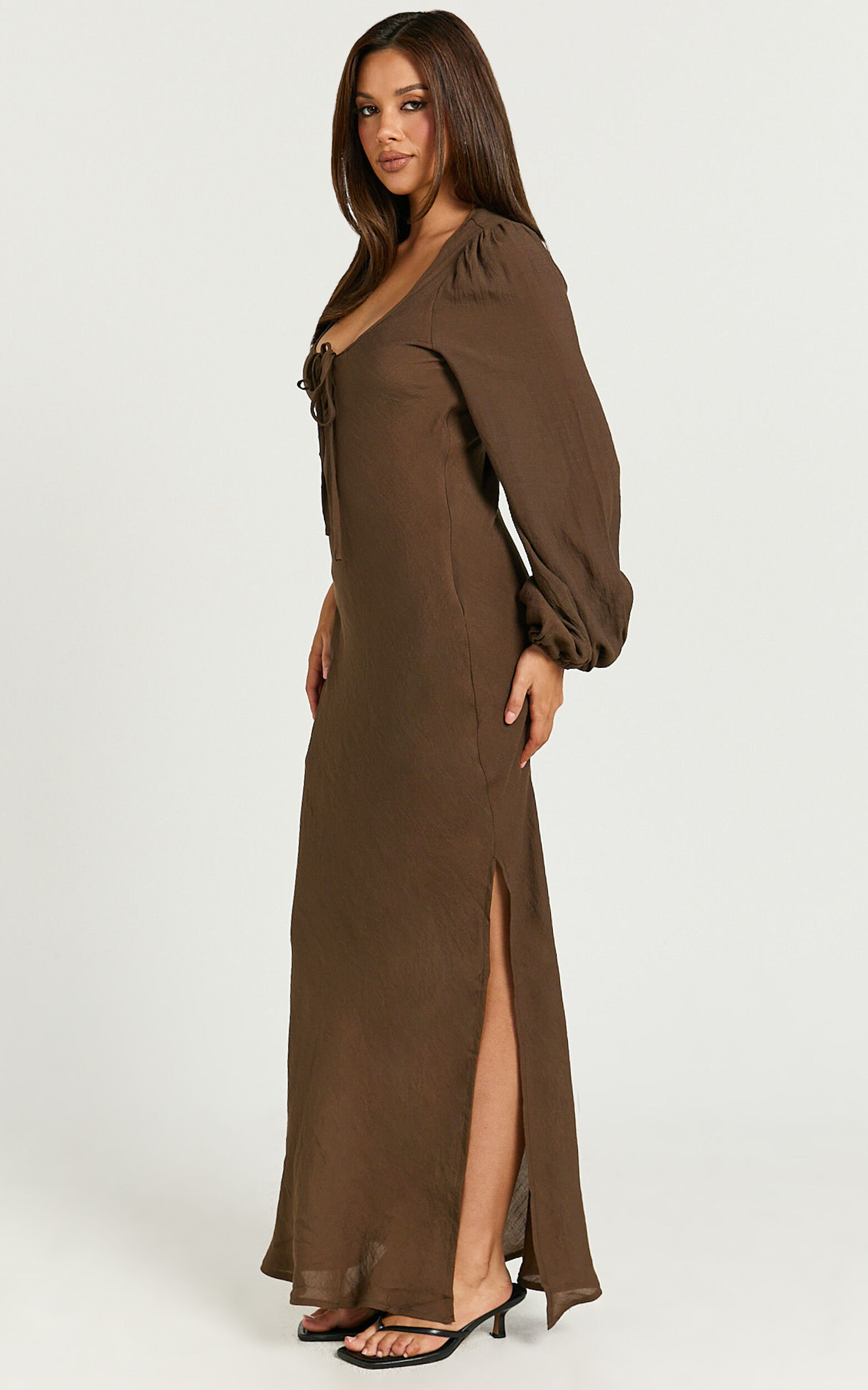 Sydney Midi Dress - Scoop Neck Long Sleeve Slip Dress in Brown