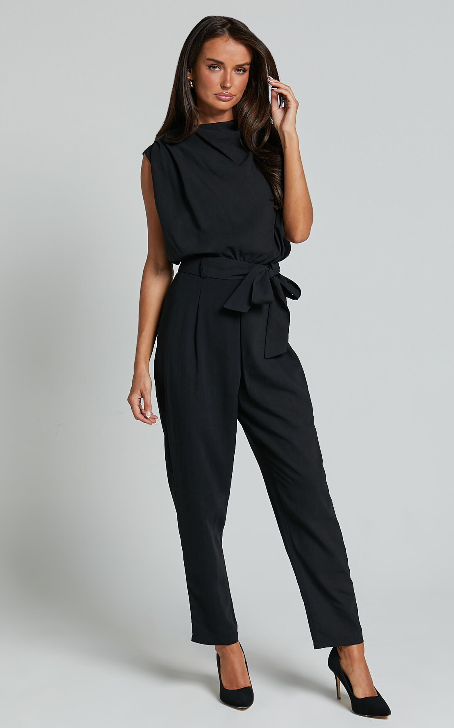 Arianae Jumpsuit - High Neck Tie Waist Jumpsuit in Black