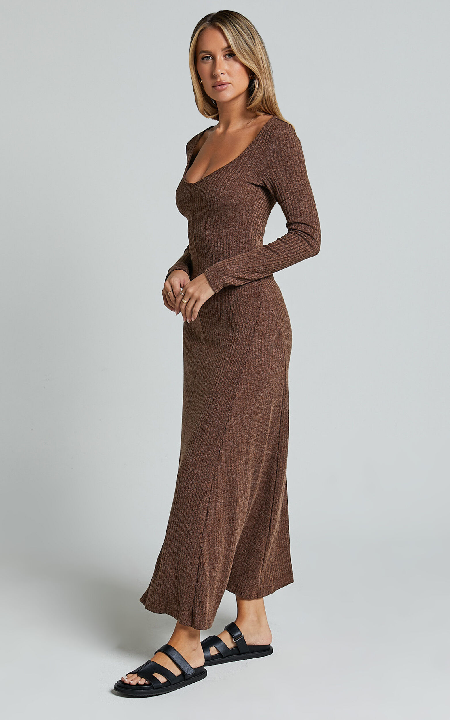 Lydia Midi Dress - V Neck Long Sleeve Knitted Dress in Chocolate