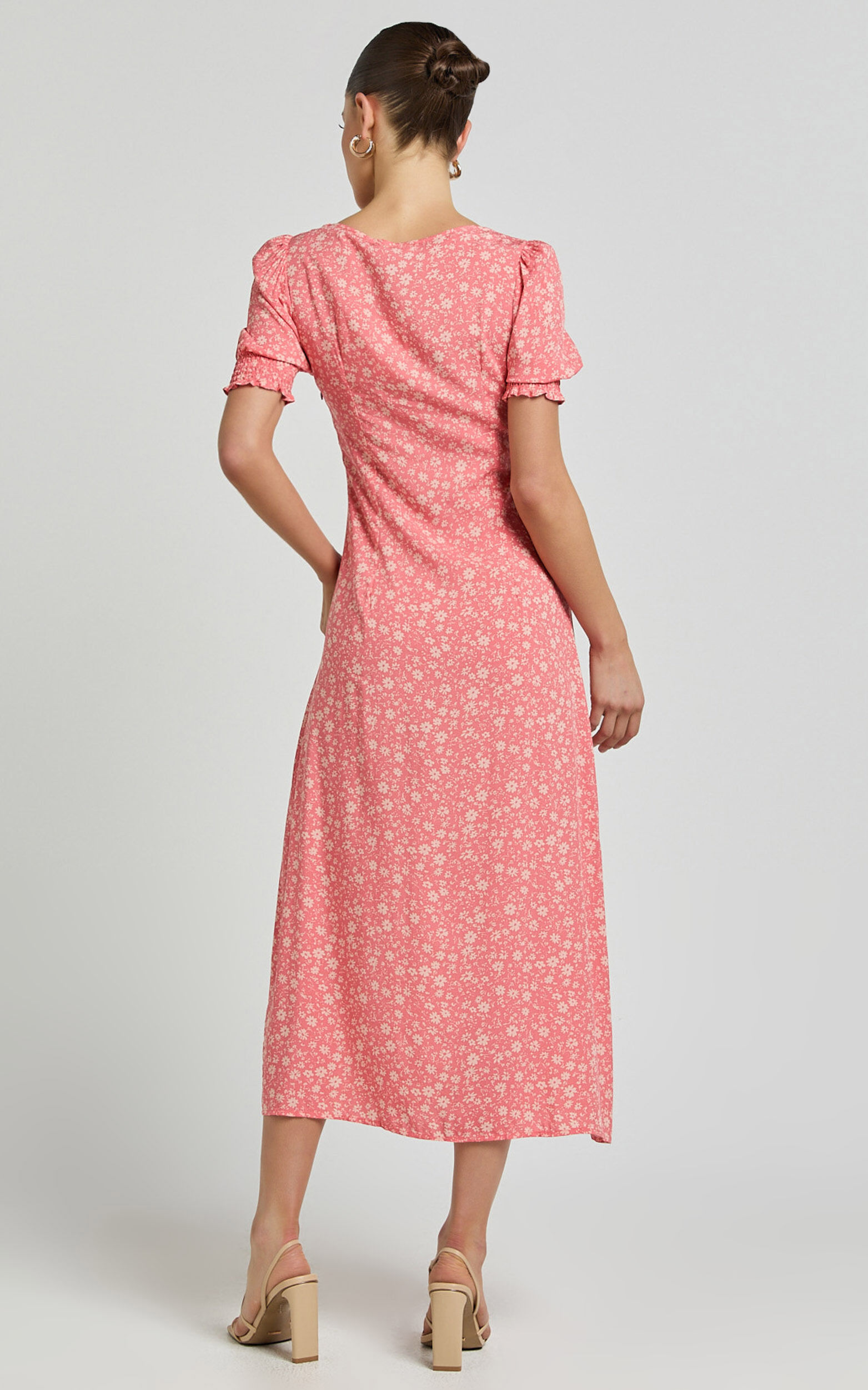 Marcel Midi Dress - Sweetheart Puff Sleeve Thigh Split Dress in Coral