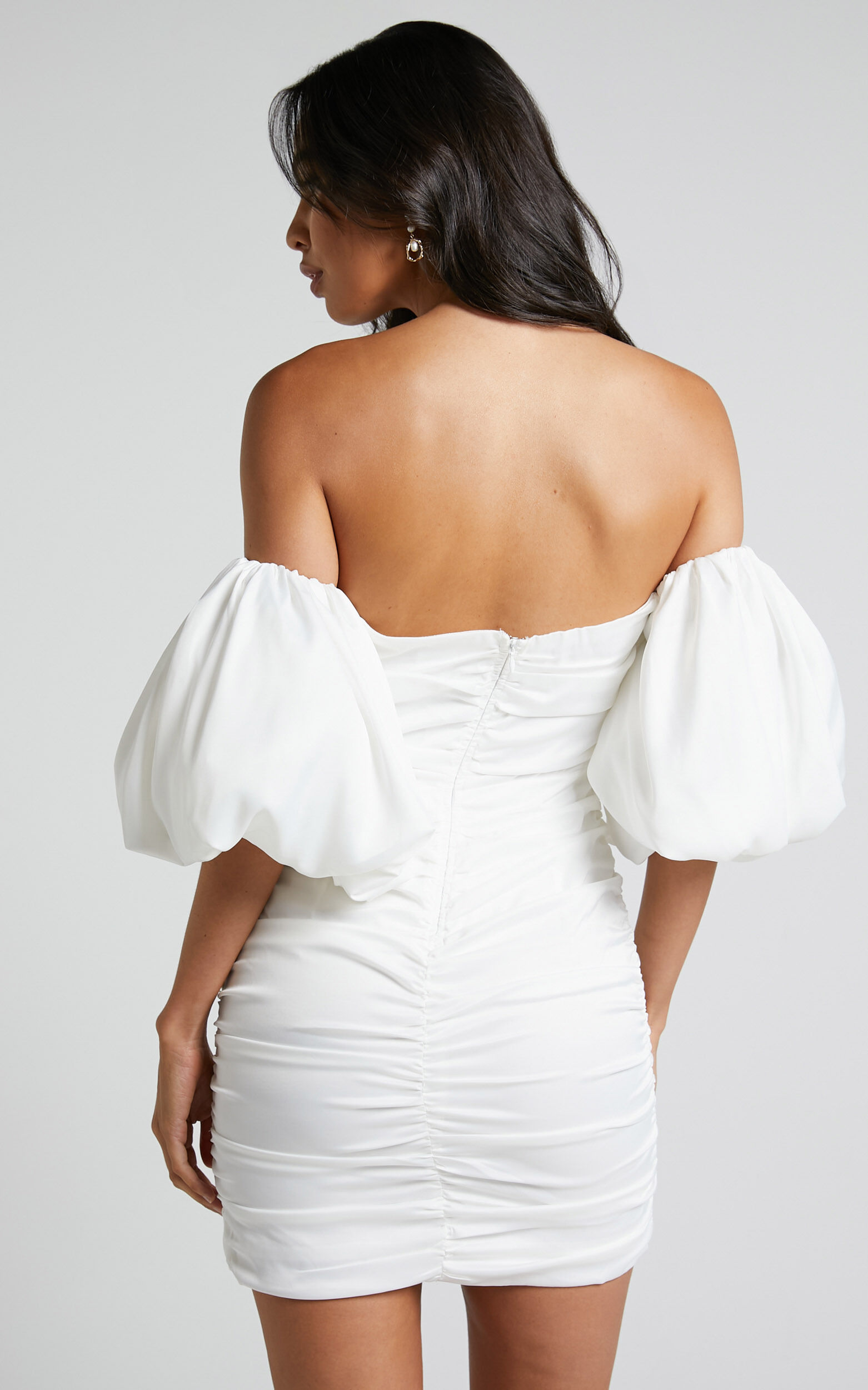 Betty Mini Dress - Off Shoulder Puff Sleeve Gathered Dress in White
