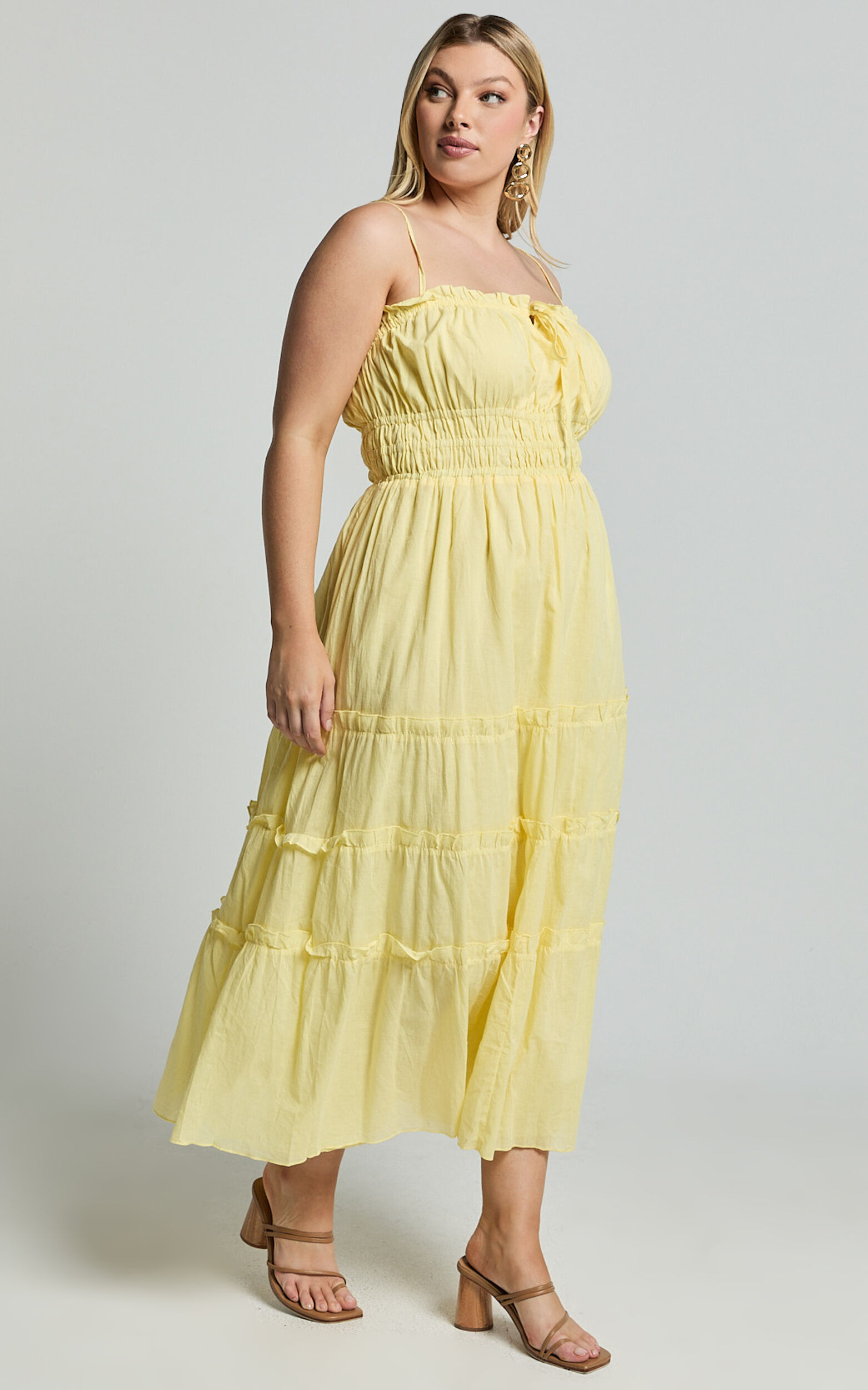 Schiffer Midi Dress - Strappy Ruched Tie Front Tiered Dress in Yellow