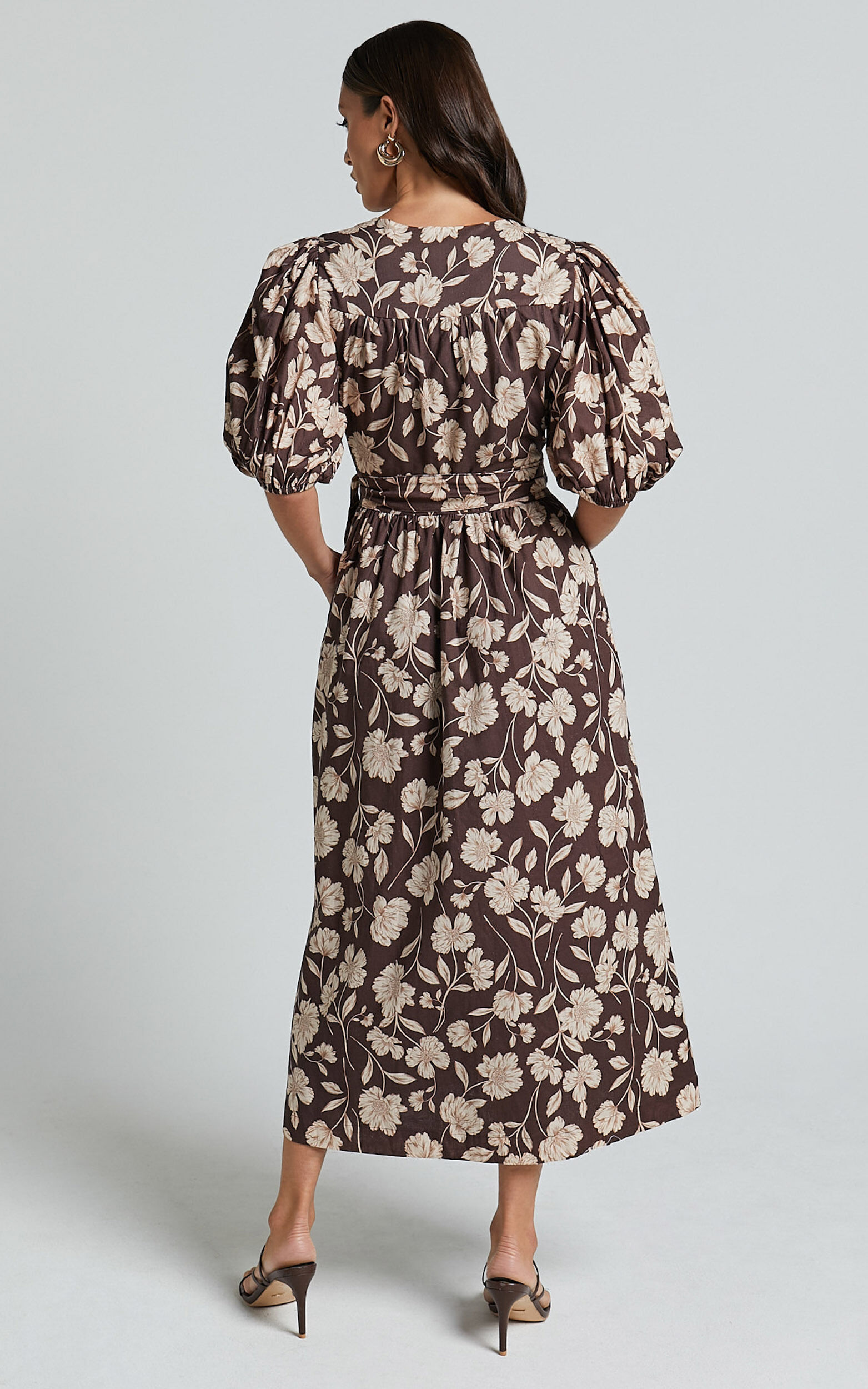 Amalie The Label - Francie Linen Blend Puff Sleeve Wrap Midi Dress in Sahara Print