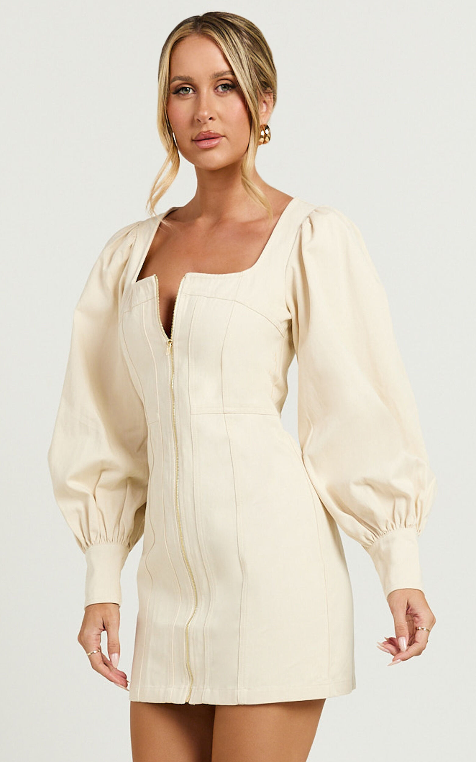 Desiree Mini Dress - Long Sleeve Zip Front Dress in Natural