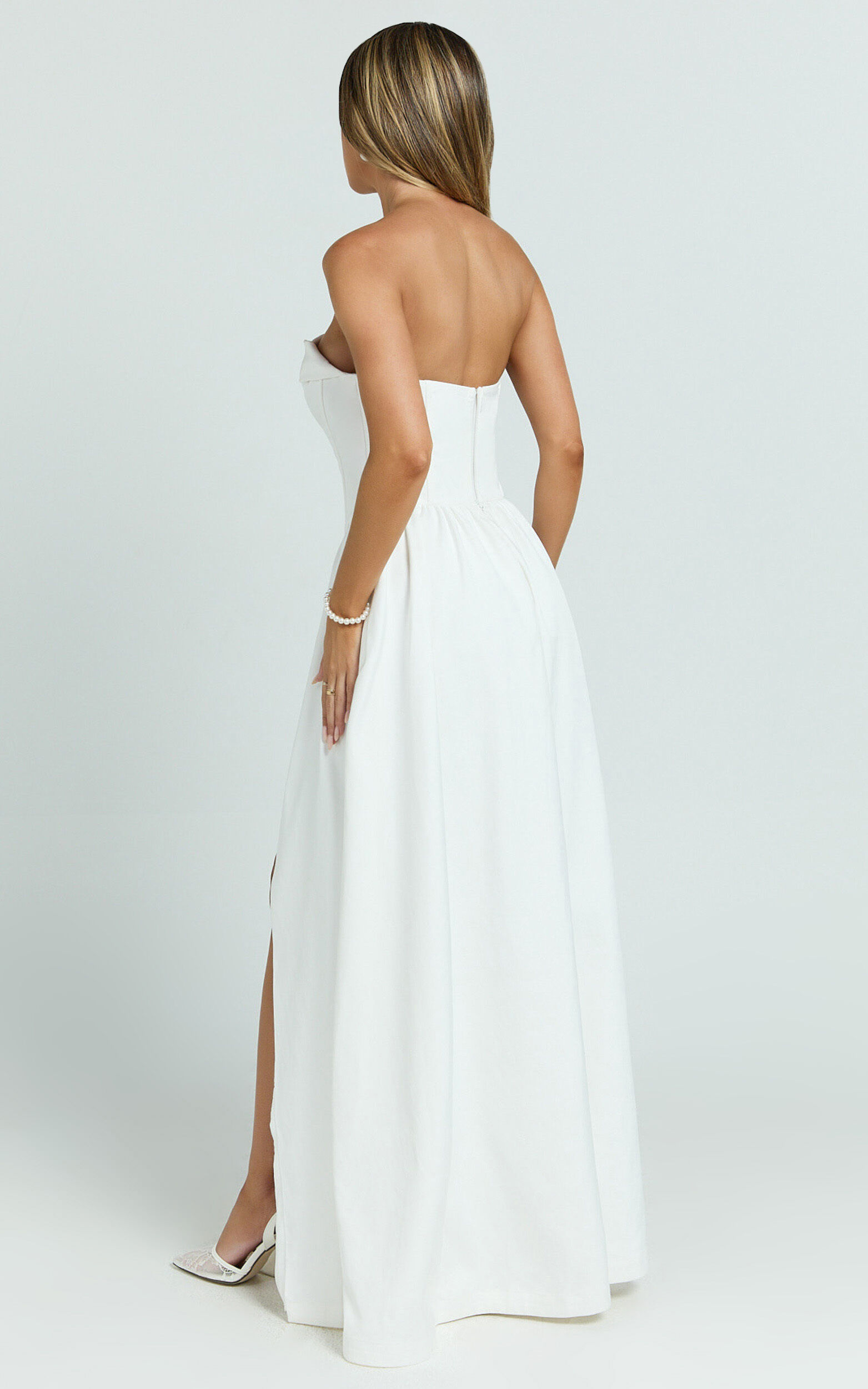 Jeannie Maxi Dress - Corset Panel High Split Dress in Off White