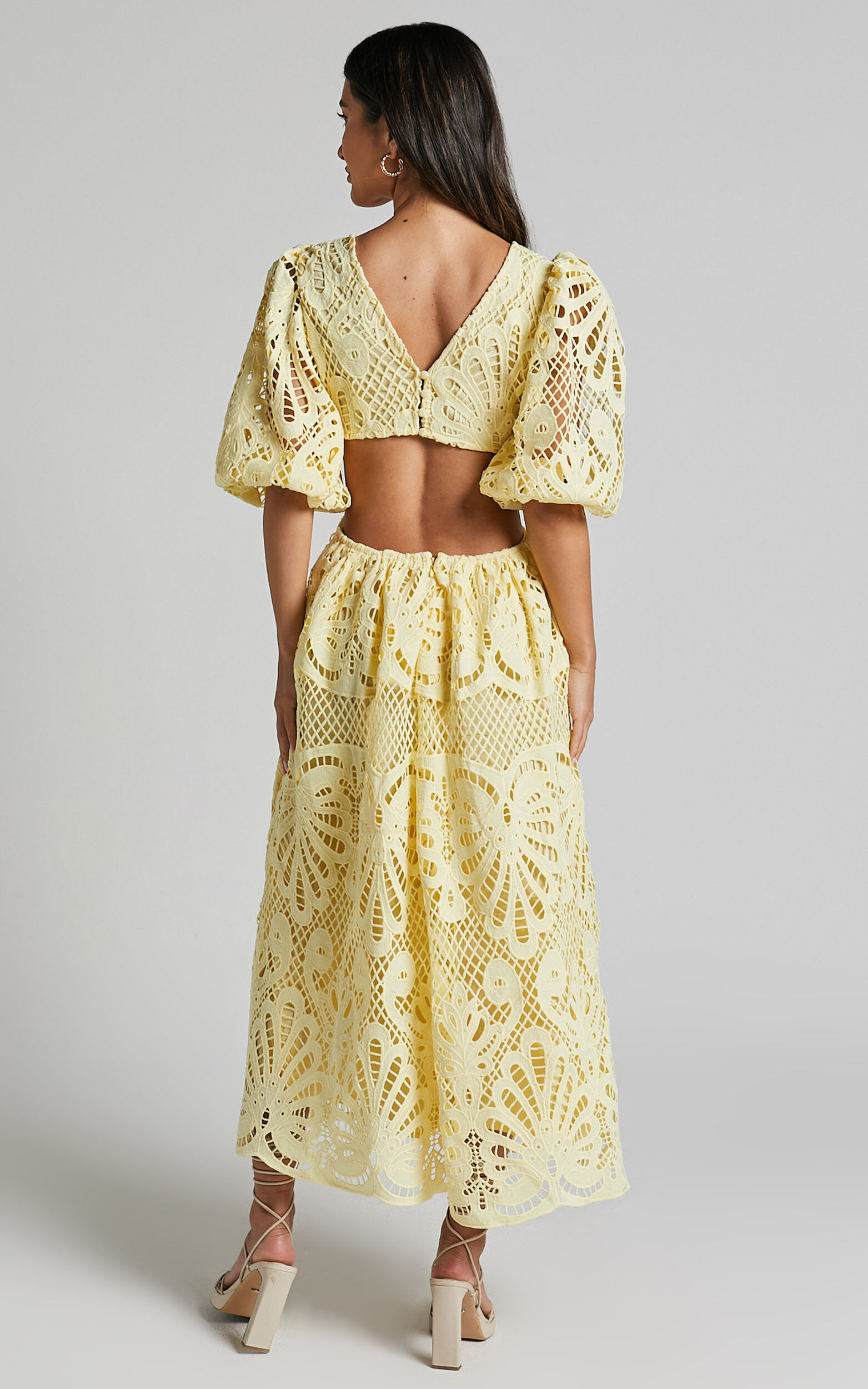 Anieshaya Midi Dress - V Neck Cut Out Lace Dress in Lemon