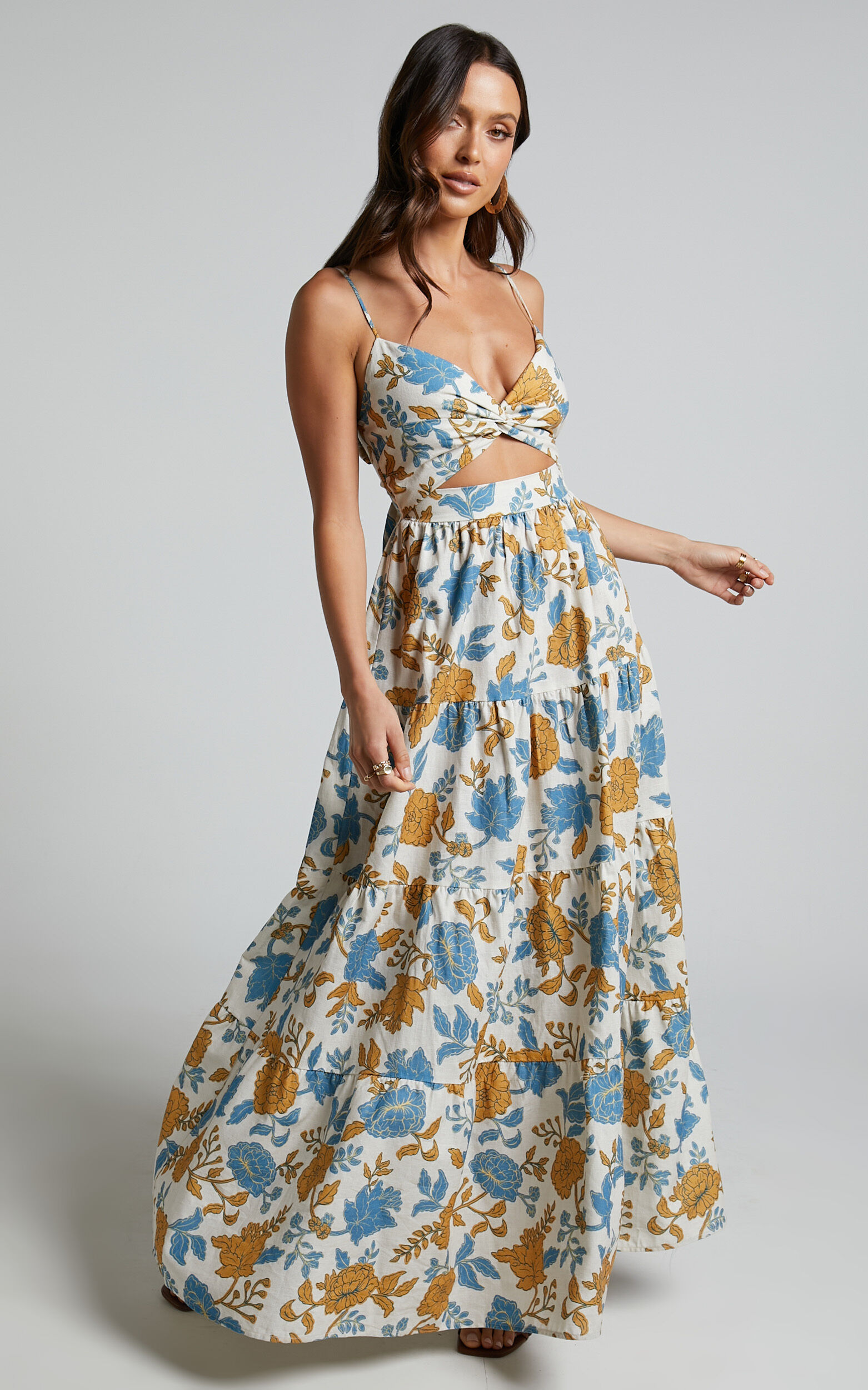 Amalie The Label - Emerita Linen Blend Sweetheart Twist Front Tie Back Midi Dress in Valencia Floral