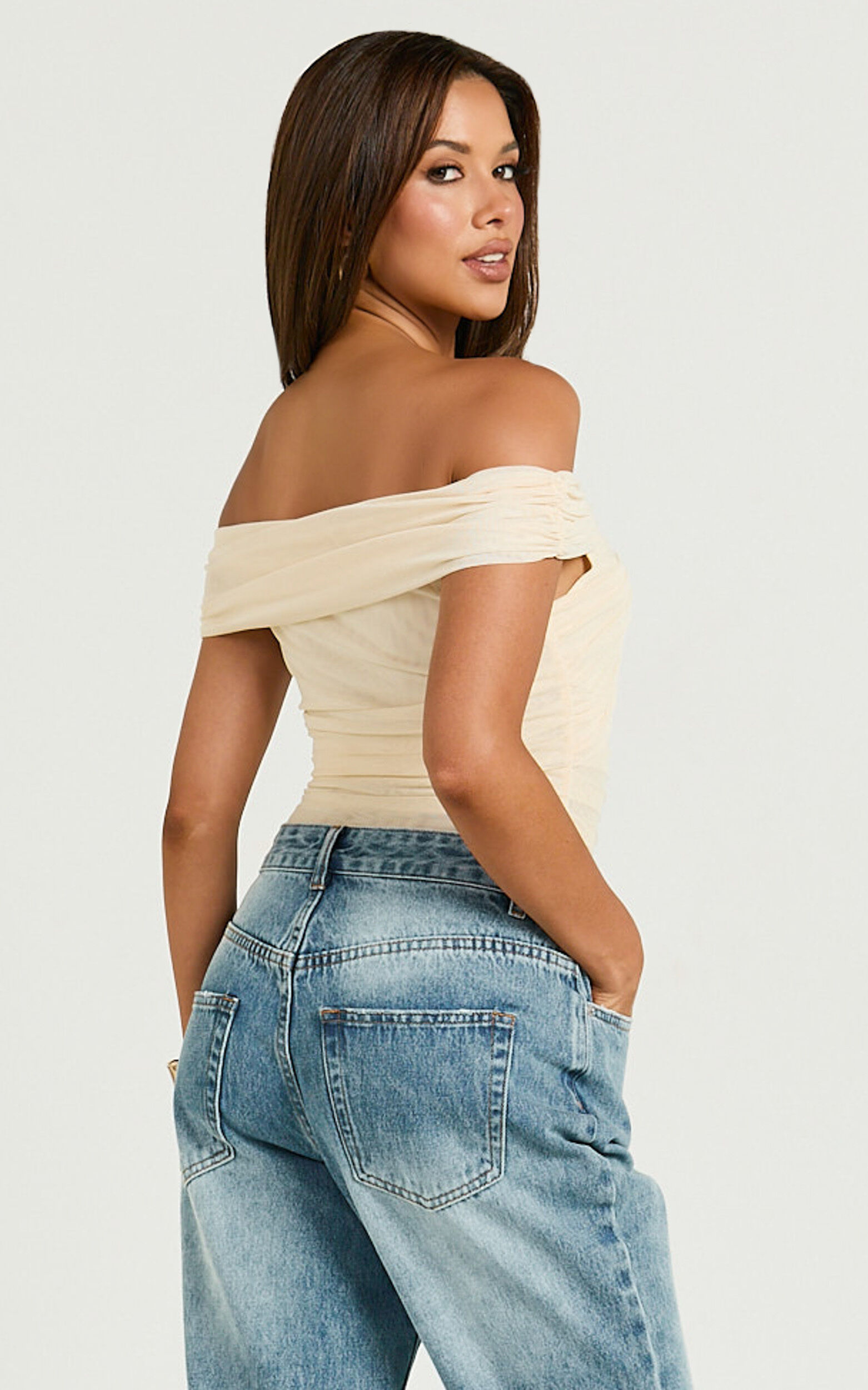 Carina Bodysuit - Twist Front Off Shoulder Mesh Bodysuit in Cream